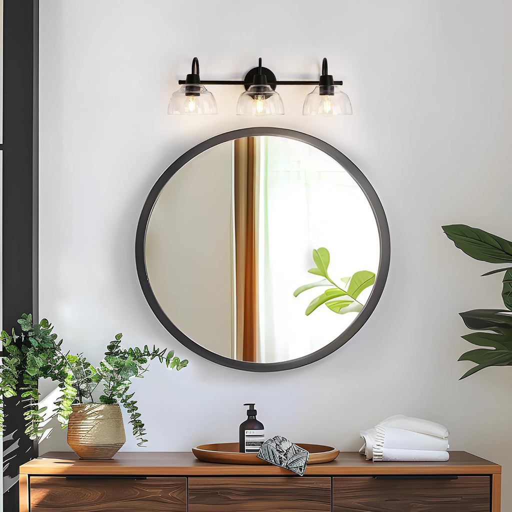 KSANA Black Bathroom Light Fixture, 3-Light Vanity Light with Large Opening Clear Glass Shade, Modern Farmhouse Wall Lamp Over Mirror