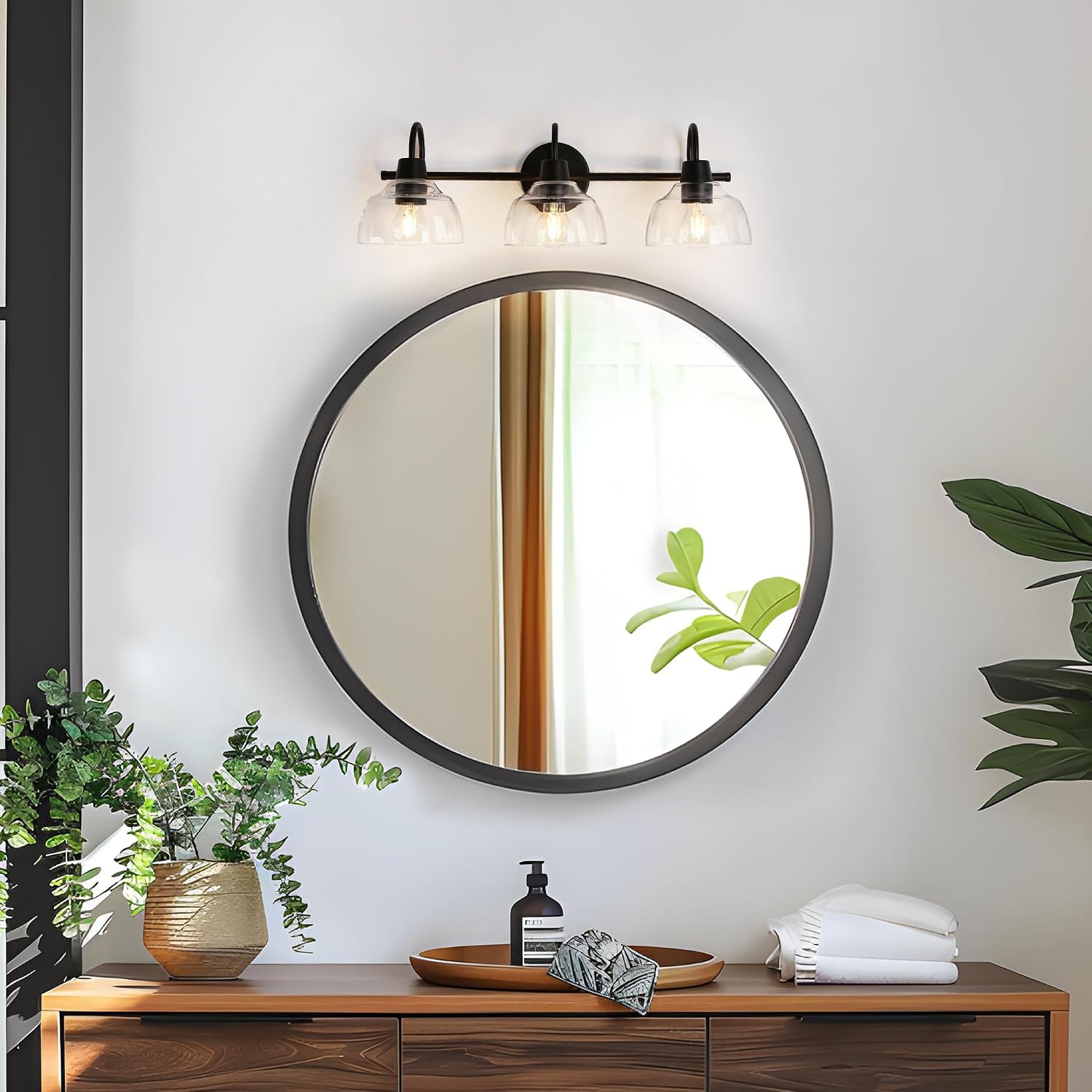 KSANA Black Bathroom Light Fixture, 3-Light Vanity Light with Large Opening Clear Glass Shade, Modern Farmhouse Wall Lamp Over Mirror