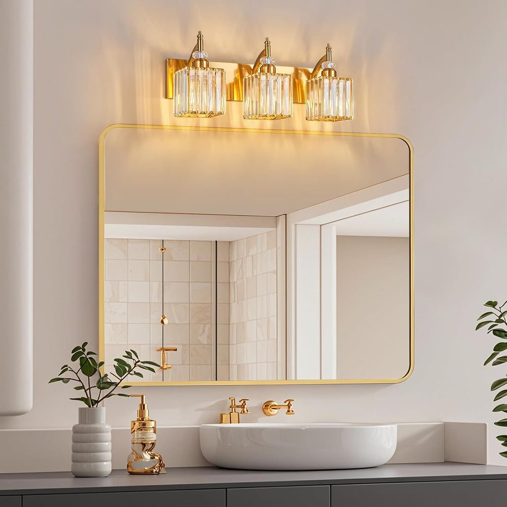 Modern Bathroom Vanity Light 3-Light Gold Crystal Light Fixtures Over Mirror for Bathroom Wall Sconce
