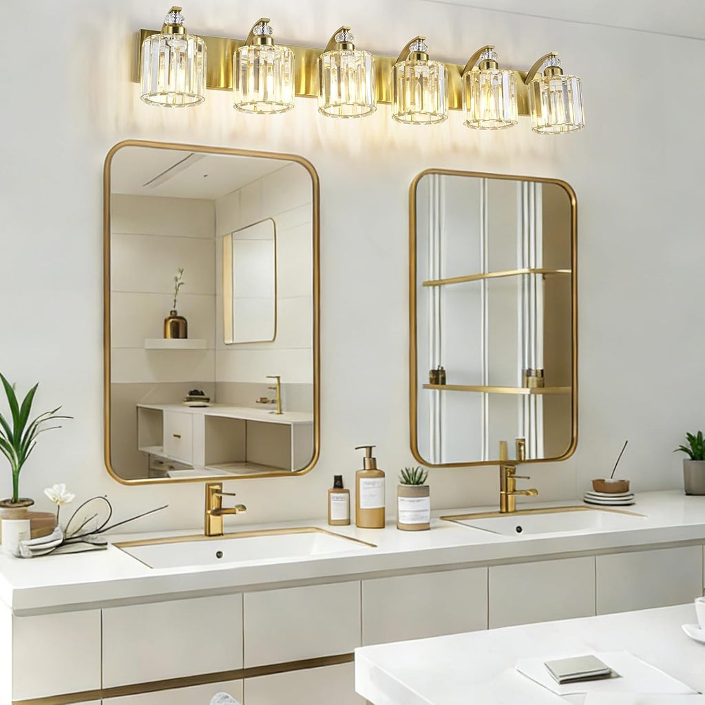 6-Lights Brushed Brass Bathroom Light Fixture Gold Vanity Lights Modern Crystal Bathroom Vanity Lighting Over Mirror Wall Sconce with K9 Crystal Shade E26 Base for Living Room, Bedroom Wall Lamp