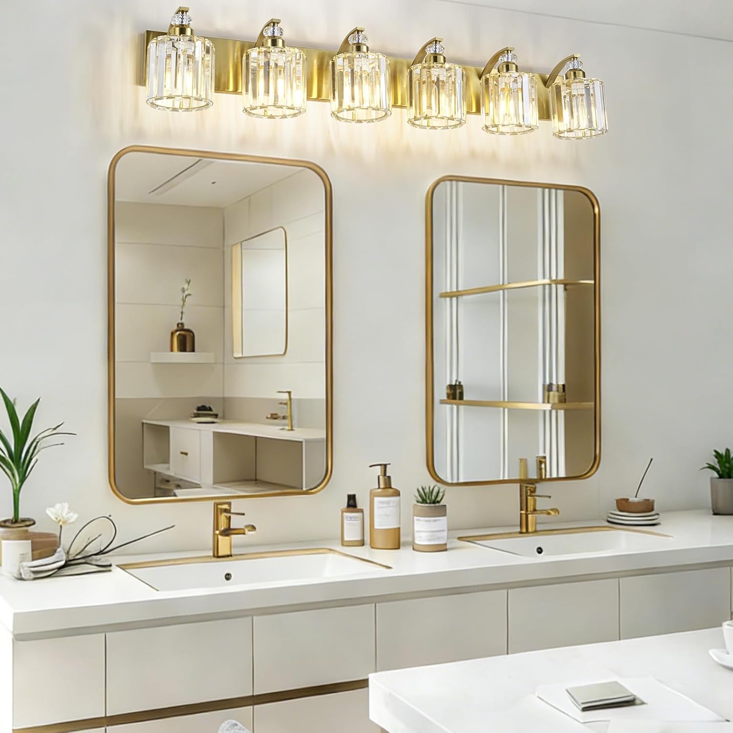 6-Lights Brushed Brass Bathroom Light Fixture Gold Vanity Lights Modern Crystal Bathroom Vanity Lighting Over Mirror Wall Sconce with K9 Crystal Shade E26 Base for Living Room, Bedroom Wall Lamp