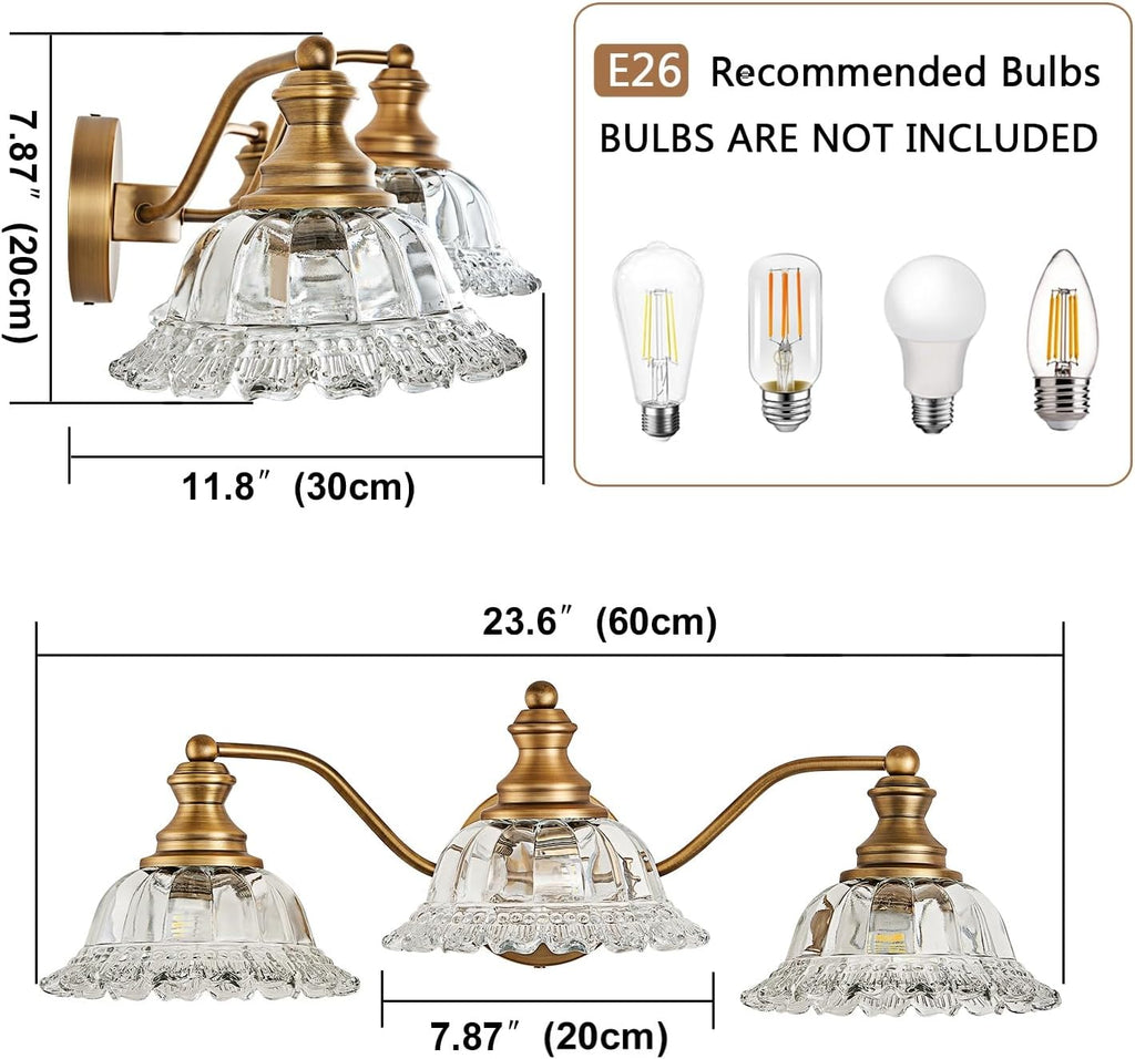 XIEDUN Vintage Bathroom Vanity Light Fixture 3 Lights Vanity Lighting Matte Antique Brass Vanity Light for Bathroom
