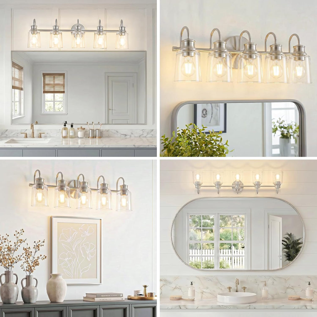 5 Lights Bathroom Light Fixtures Modern Brushed Nickel Vanity Lights for Bathroom Lighting Fixtures Over Mirror with Clear Glass Shade for Cabinet Mirror Bedroom Hallway