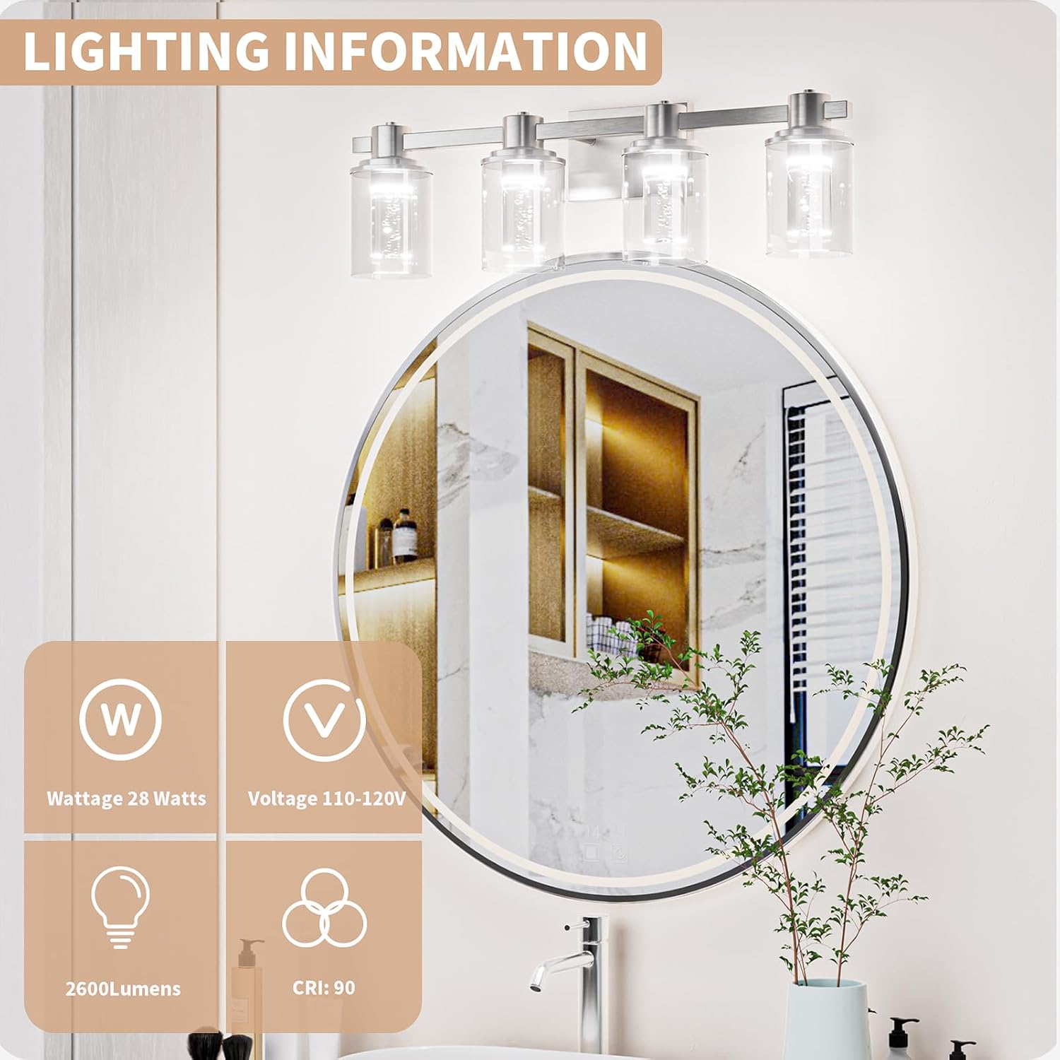 Quntis Brush Nickle Bathroom Lighting Fixtures with 5 Color Mode, 4-Light Dimmable Modern Bathroom Vanity Light Over Mirror, 28 Watt Eye Protection LED Wall Lamp 27 Inch (UL Certified, Bulbs Included)