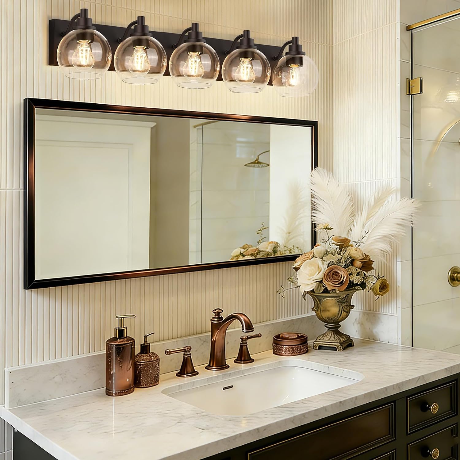IZORRO Bathroom Light Fixtures, 5-Light Oil Rubbed Bronze Vanity Light, Modern Wall Sconces with Globe Clear Glass Shade, Vanity Lighting Fixtures Over Mirror,E26 Bulb Socket