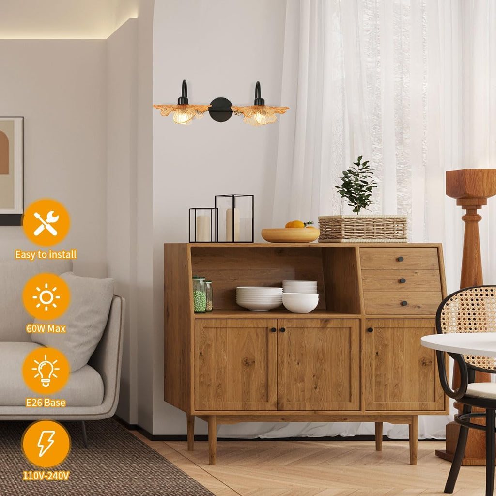 2 Light Bathroom Lighting Fixtures Amber Glass Shade, Easy Install | Wall Light, Sconce, Vanity Light, Glass Petals, Matte Black, Guest Bathroom, Vintage, 23.23', E26 Base, Bedroom, Living Room