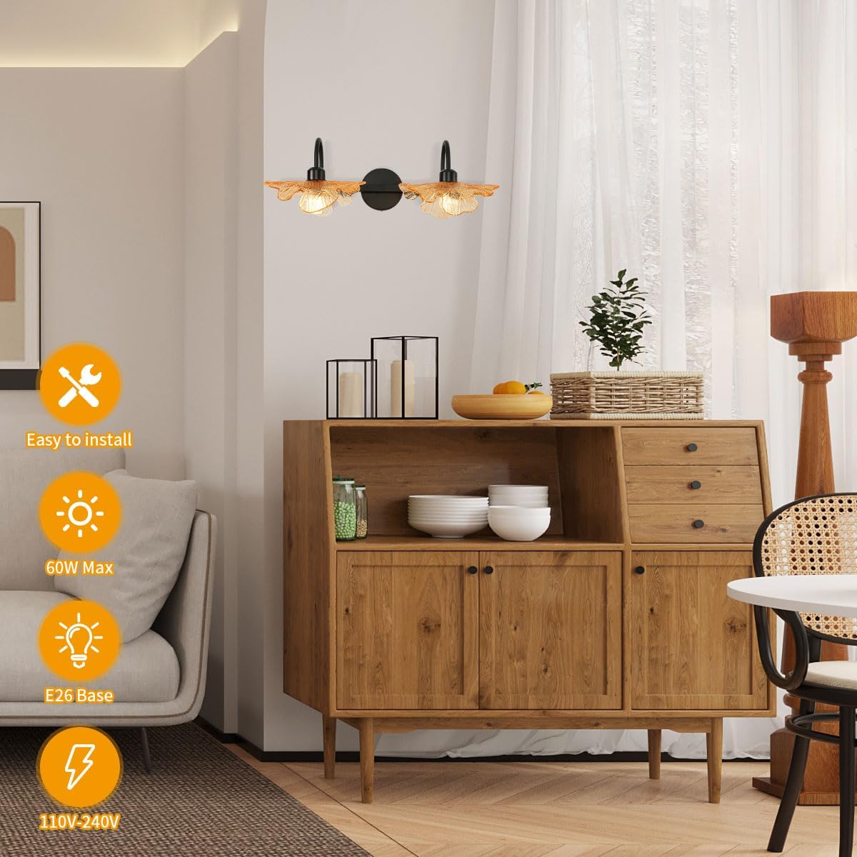 2 Light Bathroom Lighting Fixtures Amber Glass Shade, Easy Install | Wall Light, Sconce, Vanity Light, Glass Petals, Matte Black, Guest Bathroom, Vintage, 23.23', E26 Base, Bedroom, Living Room