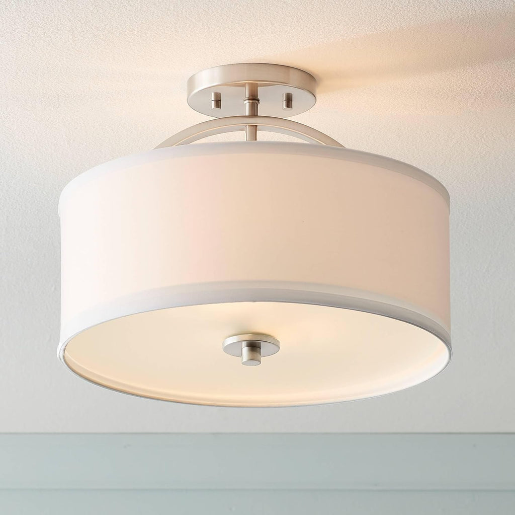 Possini Euro Design Halsted Modern Close to Ceiling Light Semi Flush Mount Fixture 15' Wide Brushed Nickel Silver White Linen Drum Shade for Bedroom Hallway Living Room Dining Room Bathroom Kitchen