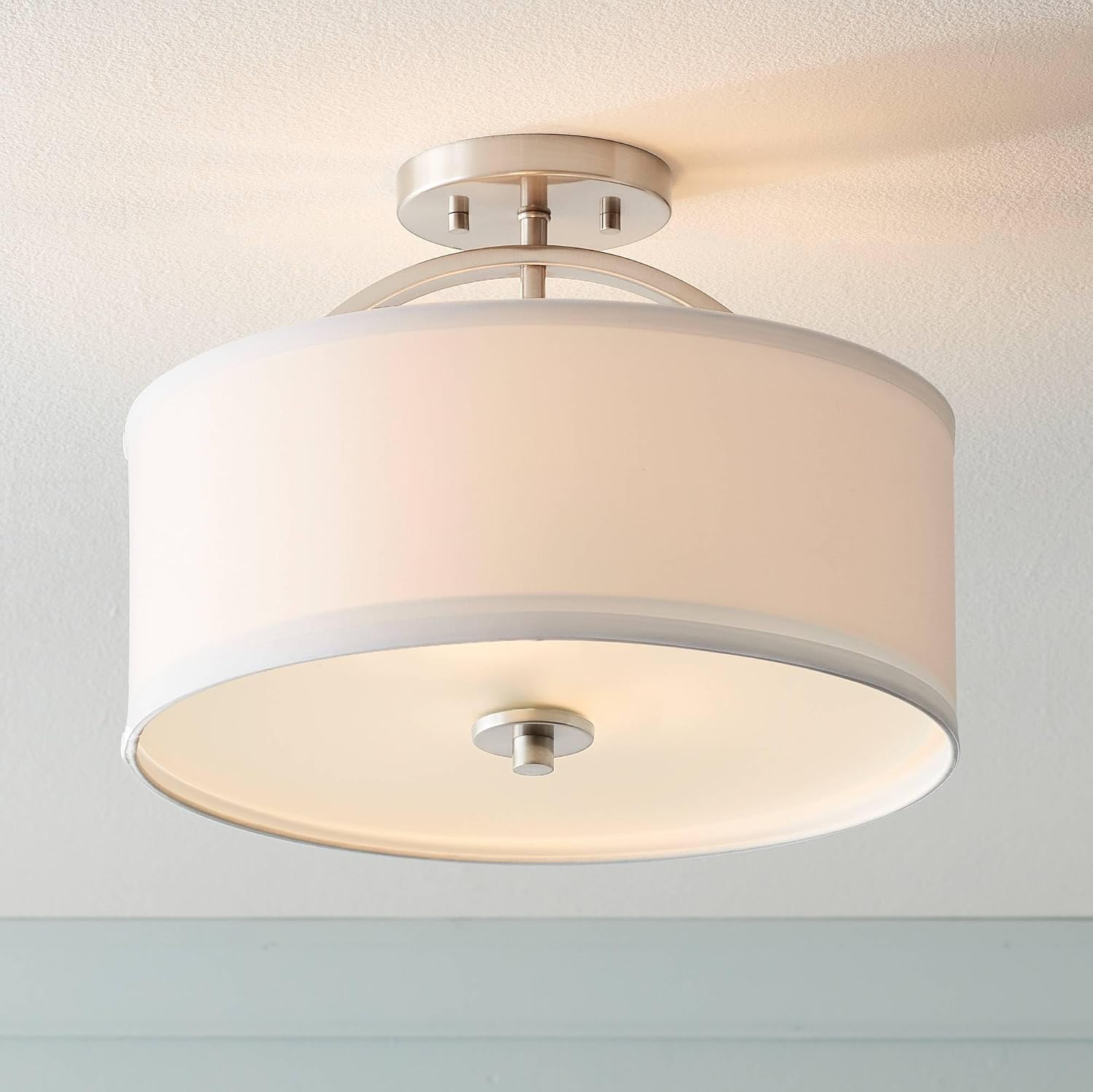 Possini Euro Design Halsted Modern Close to Ceiling Light Semi Flush Mount Fixture 15' Wide Brushed Nickel Silver White Linen Drum Shade for Bedroom Hallway Living Room Dining Room Bathroom Kitchen