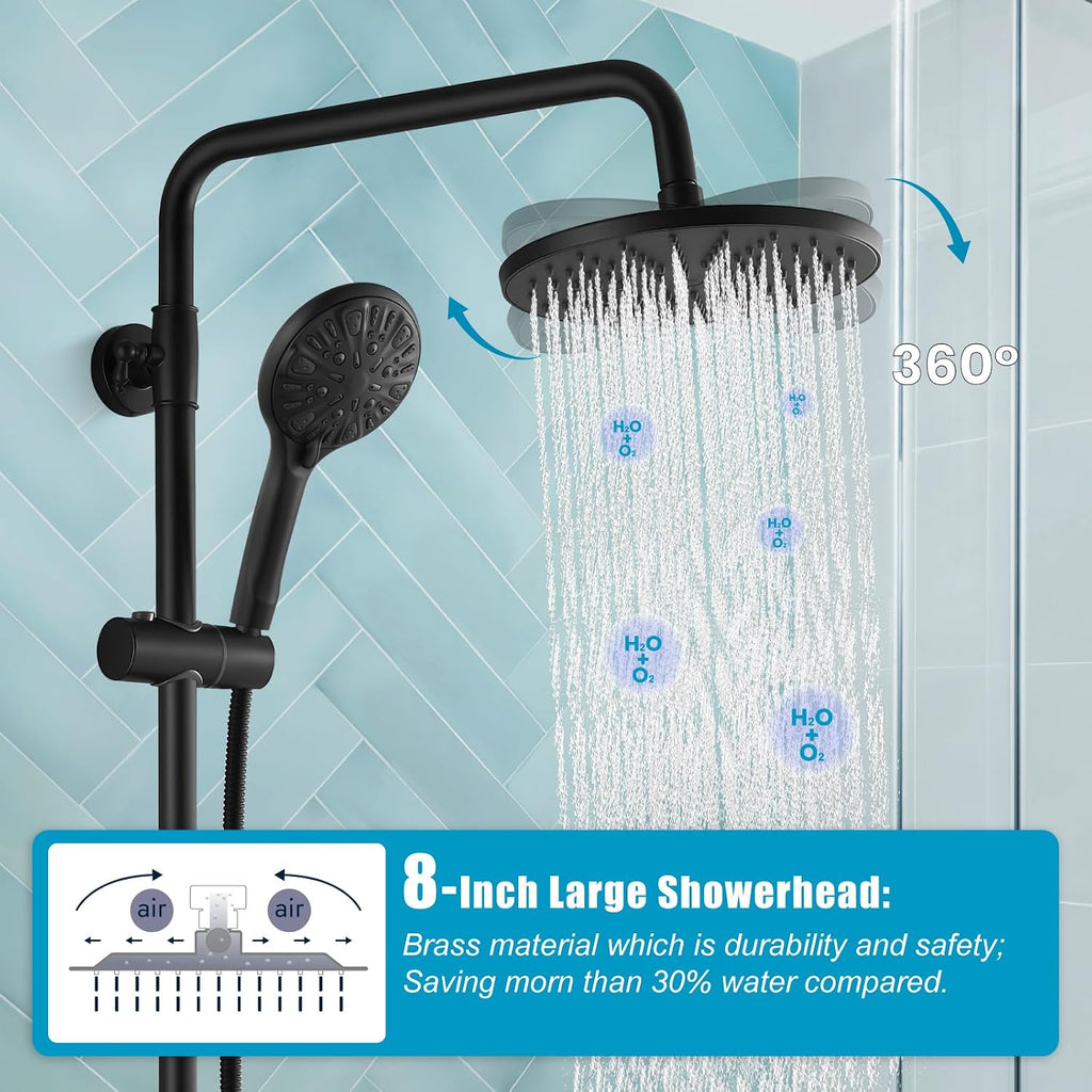 gotonovo Matte Black Exposed Shower Fixture Faucet Set Triple Function 8 Inch Rainfall Showerhead and Tub Spout Shower System Combo Unit, Multi Functional ABS Handheld
