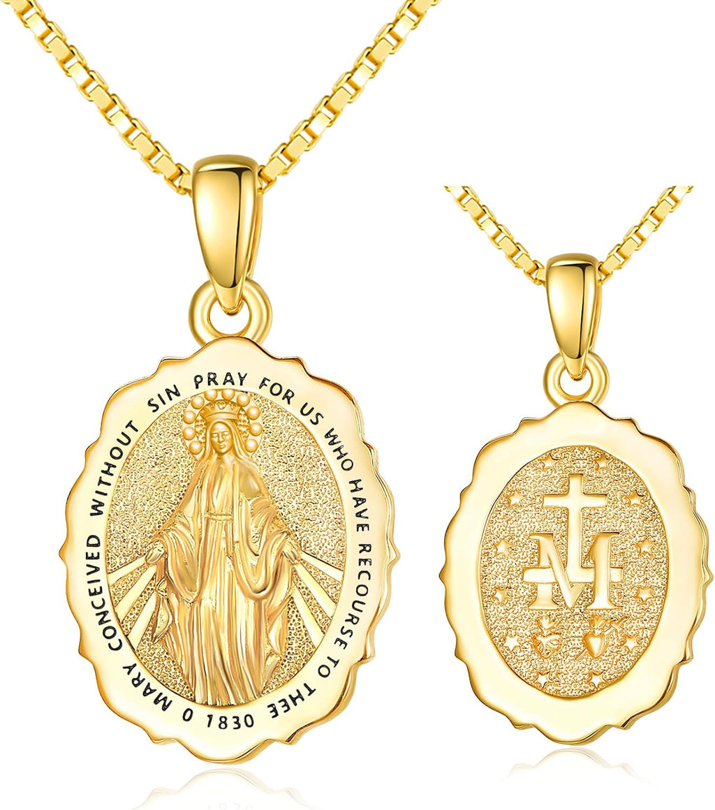 14K Gold Saint Medal Necklace for Women, Catholic Patron Saint Pendant Necklace, Christian Religious Jewelry Gift for Confirmation Baptism Communion Christmas Birthday