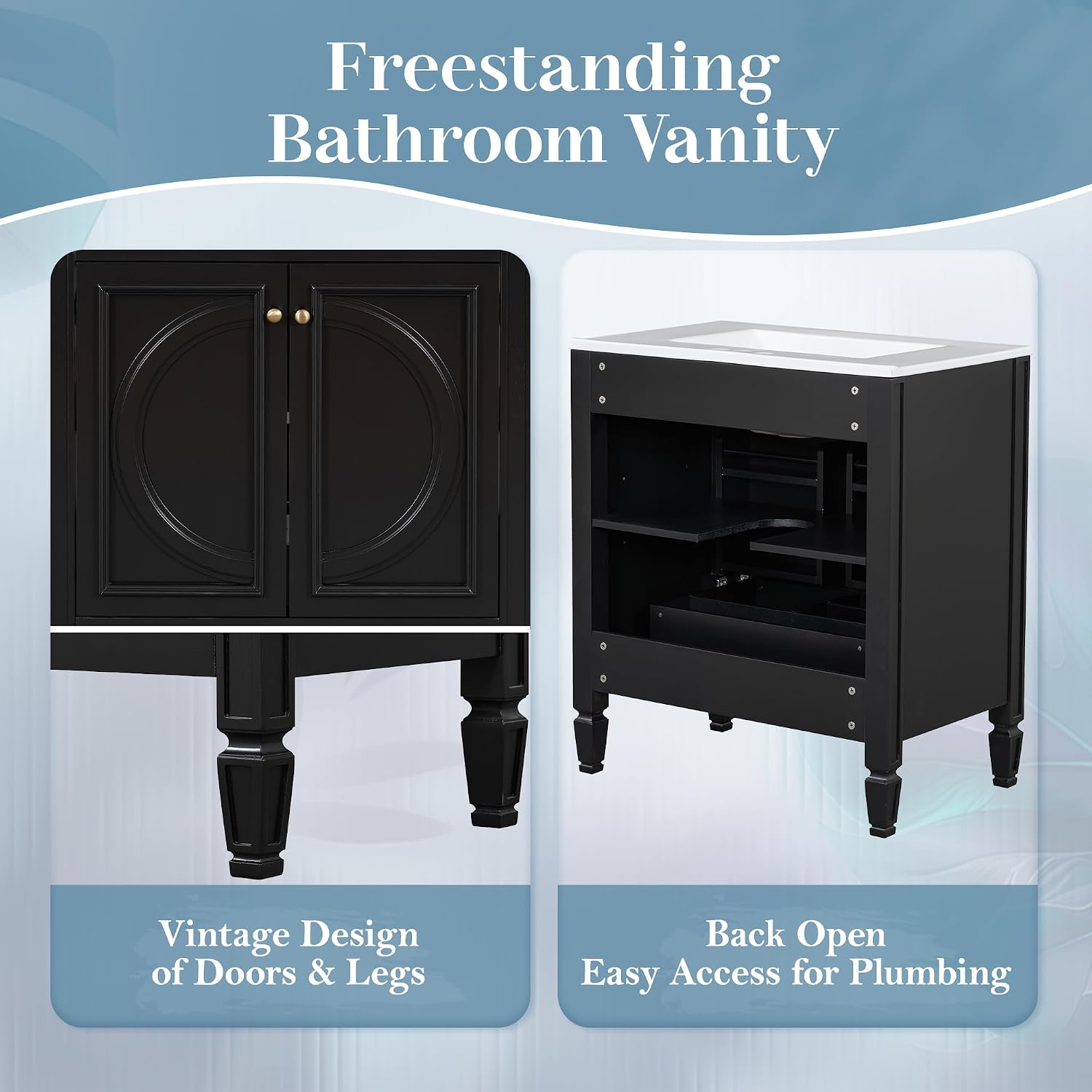 60 Inch Black Bathroom Vanity with Double Sink,Vintage Bathroom Double Vanity with Adjustable Shelves,Soft Closing Doors with Organizers,Hidden Sliding Tray,Solid Rubber Wood Frame(2 * 30 Inch)