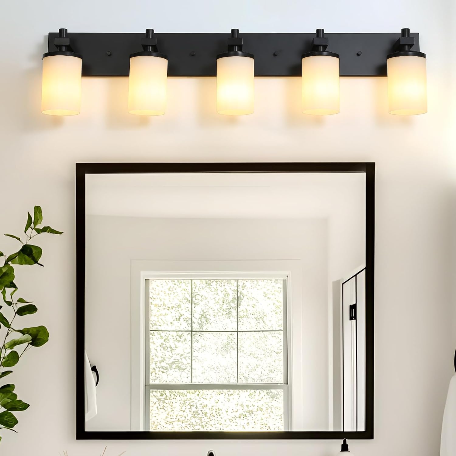 LOUSACE Bathroom Light Fixtures Over Mirror, 5 Light Vanity Lights Matte Black, Modern Bathroom Lighting with Opal White Glass Shades, Wall Sconces Fixture Vanity Lighting for Bedroom Living Room