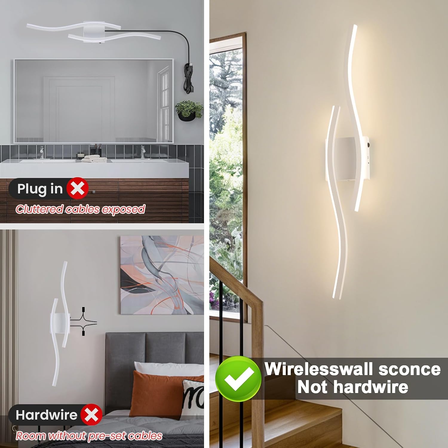 Modern LED Wall Sconce Set of Two, Dimmable Battery Powered Wall Sconces, 3000K-6500K LED Wireless Wall Light with Remote, Wall Lamp Indoor not Hardwired for Room Bedroom Corridor（White）