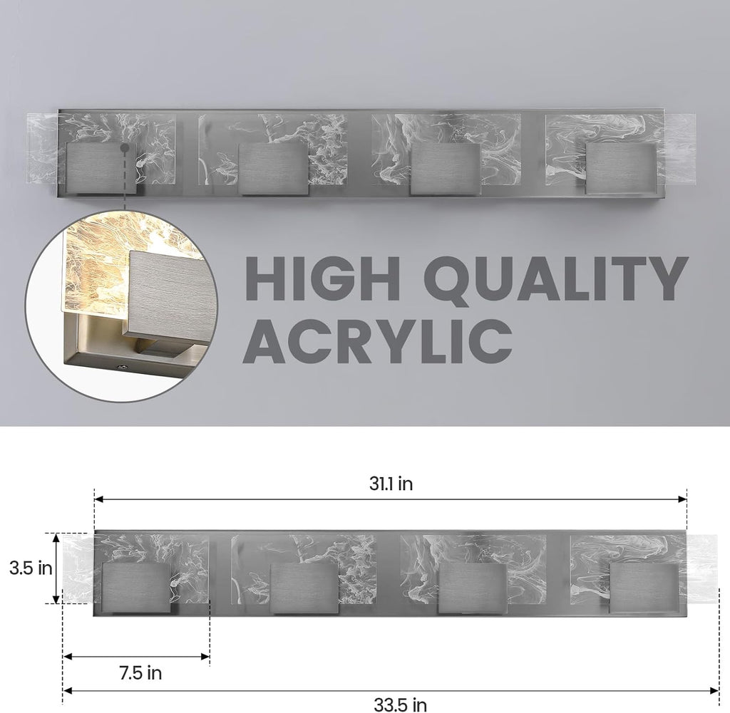 LED Bathroom Vanity Light: 32 Inch Brushed Nickel Acrylic Modern Lighting Fixtures - 4-Lights Contemporary Smoke Design Wall Lights Fixture Over Mirror 3000K