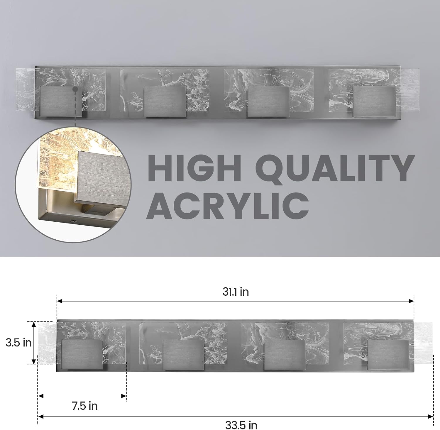 LED Bathroom Vanity Light: 32 Inch Brushed Nickel Acrylic Modern Lighting Fixtures - 4-Lights Contemporary Smoke Design Wall Lights Fixture Over Mirror 3000K