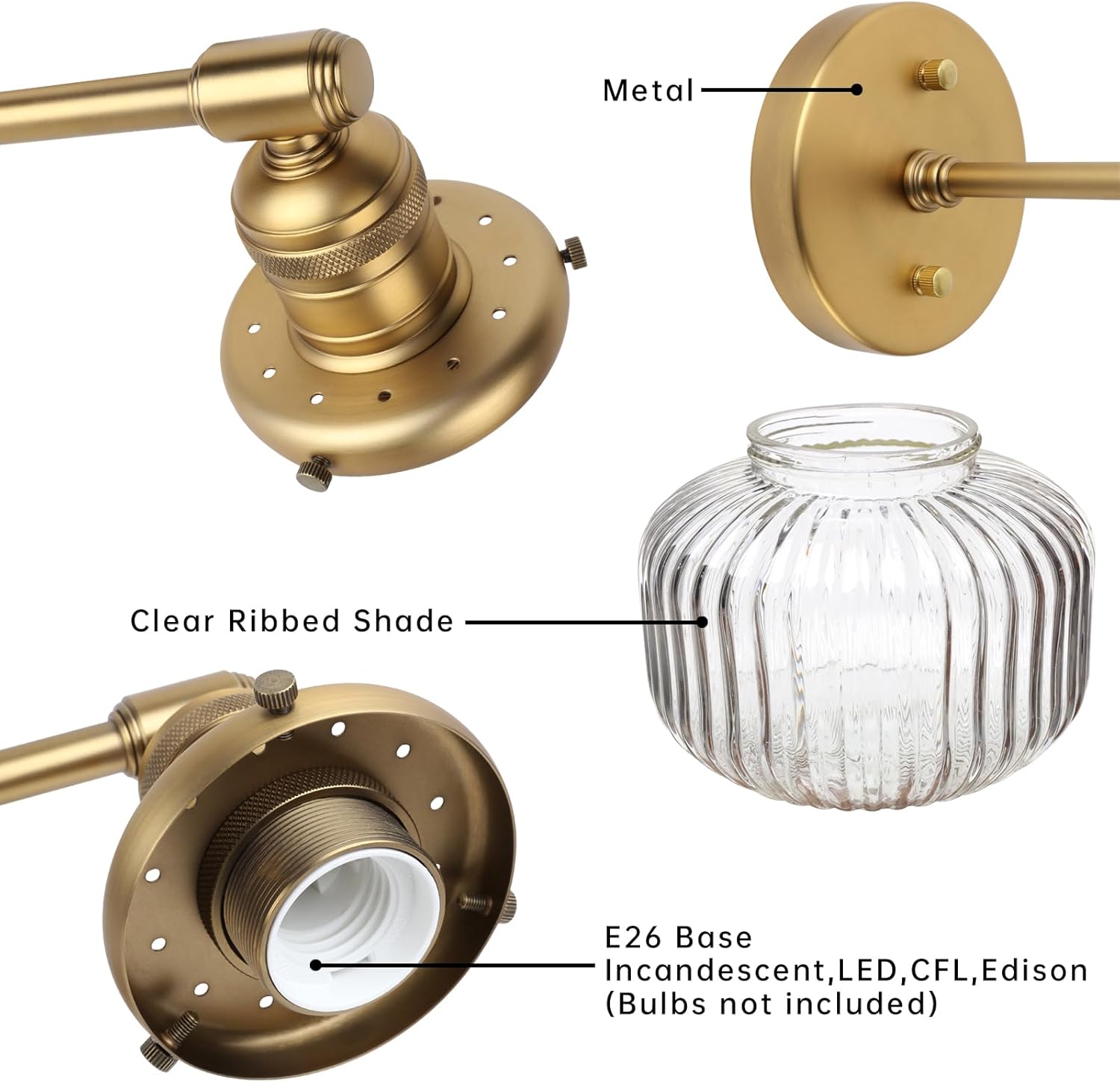2-Lights Industrial Glass Wall Sconces, Antique Brass Clear Striped Globe Shade Wall Light Fixture for Bathroom Vanity, Bedroom, Dining Room, Living Room, Farmhouse, Stairs