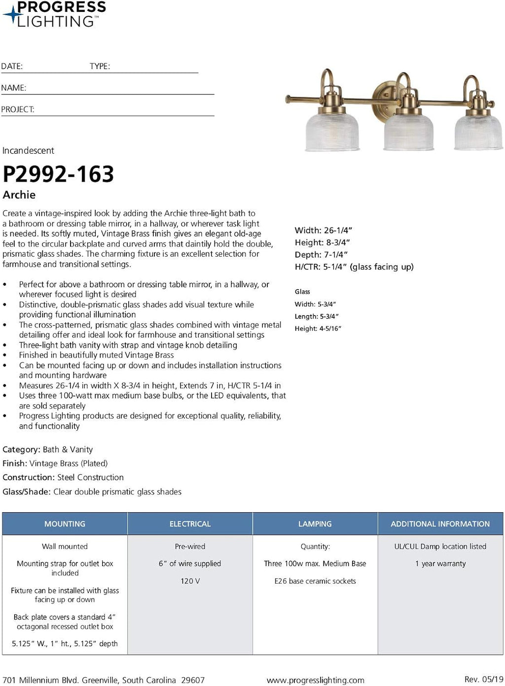 Progress Lighting P2992-163 Archie Collection Clear Double Prismatic Glass Coastal Bath Vanity, 3-Light, Vintage Brass