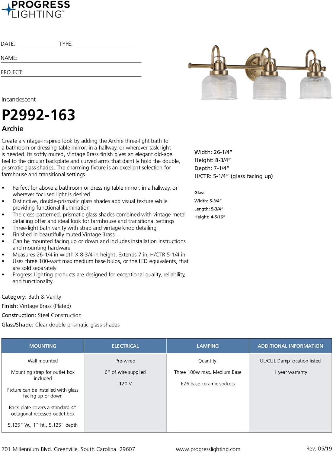 Progress Lighting P2992-163 Archie Collection Clear Double Prismatic Glass Coastal Bath Vanity, 3-Light, Vintage Brass