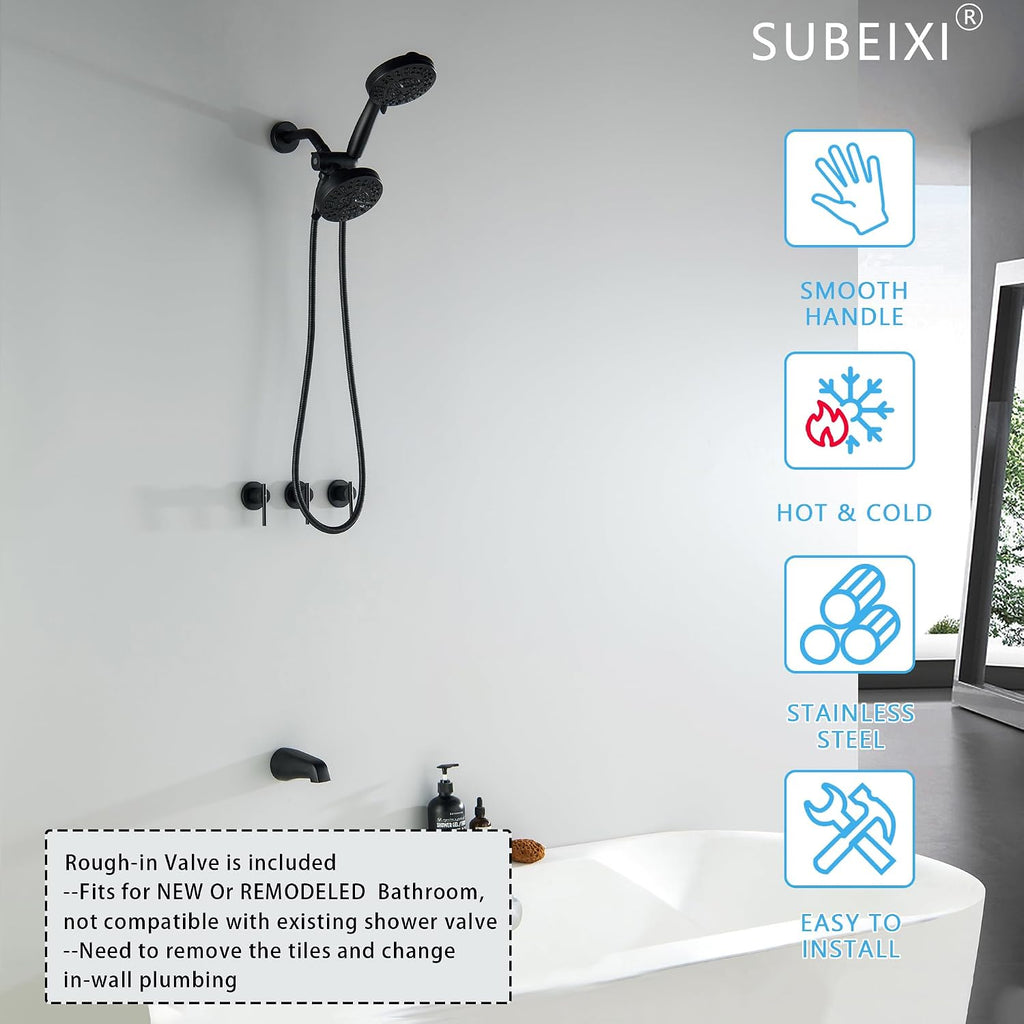 3 Handle Tub Shower Faucet Matte Black Bathtub Shower Faucet Set with Tub Spout, 3 Knob Shower Tub Faucet Set, Wall Mount