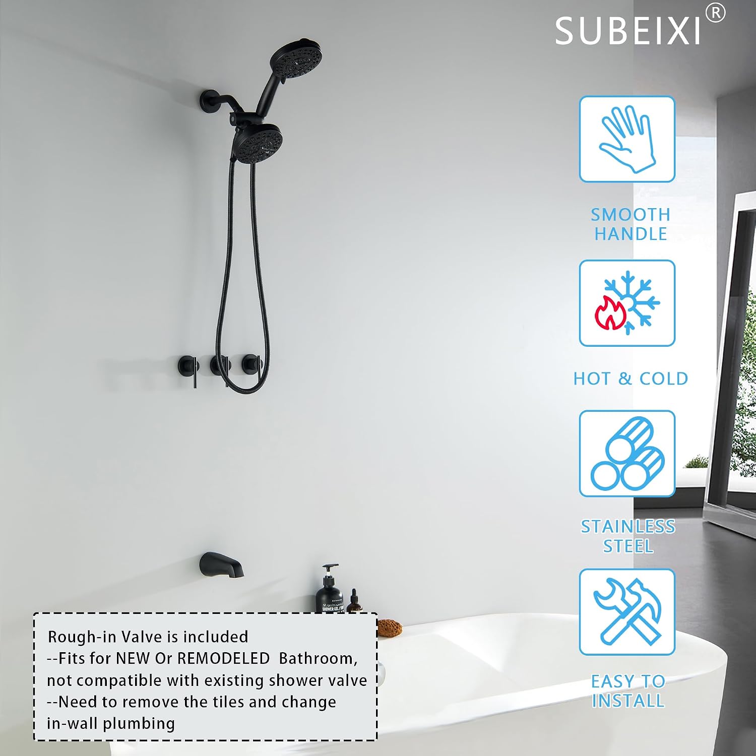 3 Handle Tub Shower Faucet Matte Black Bathtub Shower Faucet Set with Tub Spout, 3 Knob Shower Tub Faucet Set, Wall Mount