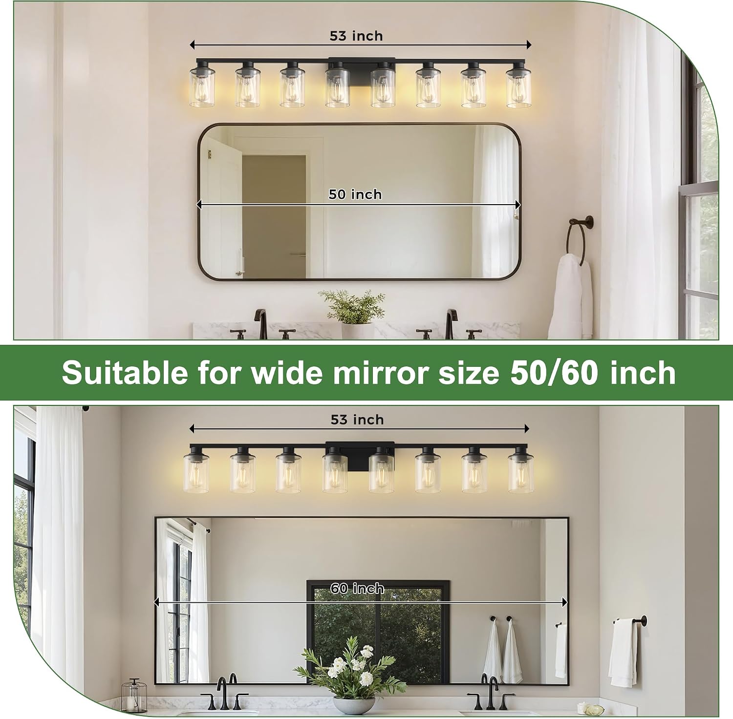 DORESshop 55 Inch Bathroom Light Fixtures, 8-Light Black Bathroom Lighting Fixtures Over Mirror with Glass Shade, Modern Vanity Lights for Hallway Bedroom
