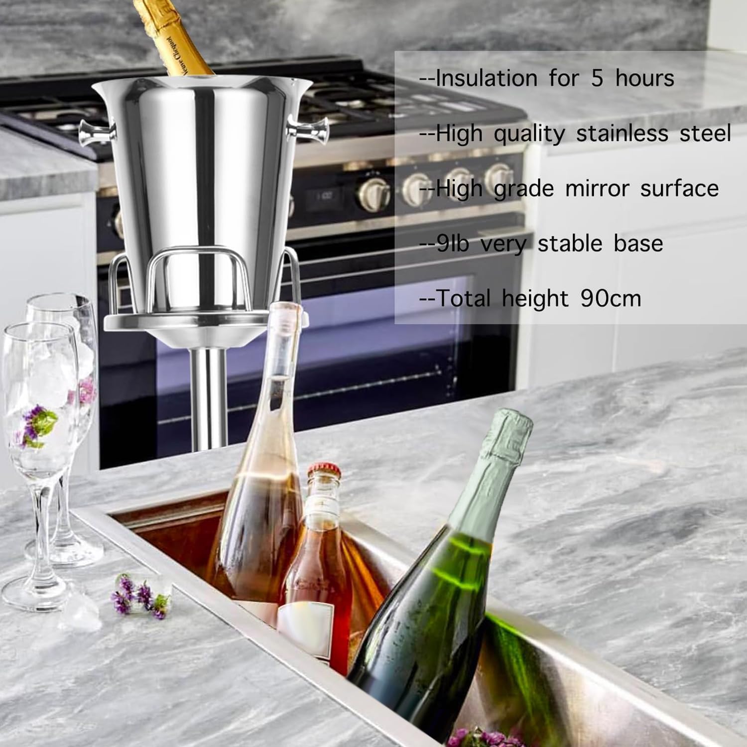 Ice Bucket with Stand Standing Champagne bucket for Party Stainless Steel Wine Bucket Wine Cooler with Stand 5L Wine Chiller for Bar Ktv Weding