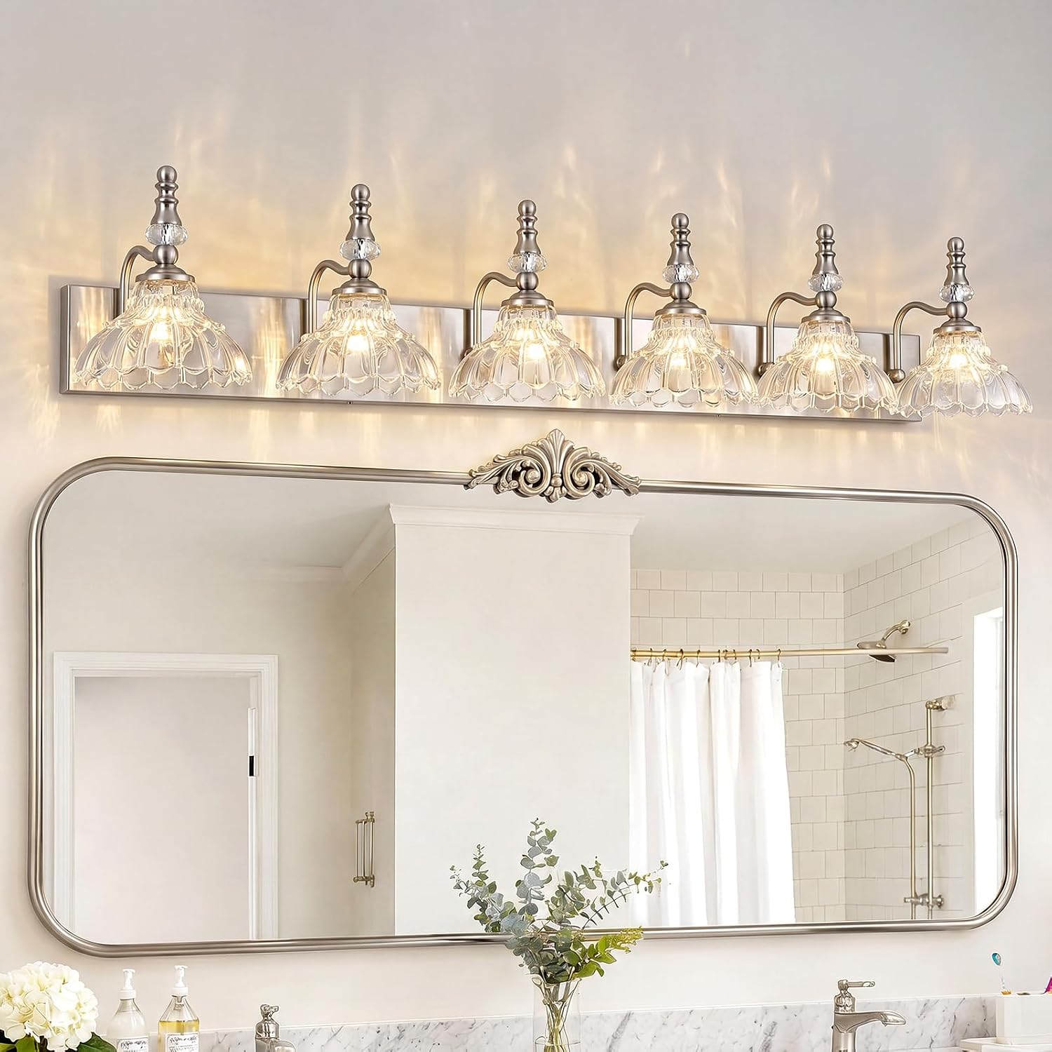 Vintage Bathroom Vanity Light, 6-Light Brushed Nickel Vanity Lighting Fixture with Flower Glass Shade, Bathroom Lighting Fixtures Over Mirror