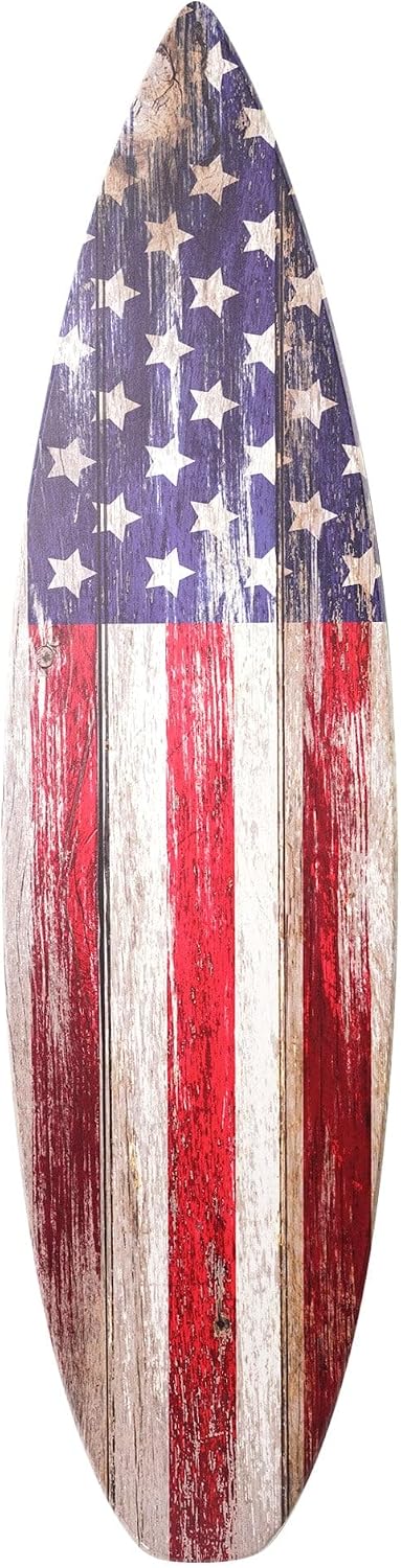 American Art Decor Surfboard Plaque Wall Sign - Beach House Wall Art - Large Tropical/Coastal Home Decor for Living Room, Bedroom, Bathroom, Patio, or Bar (Vintage Americana Flag, 60'x15')