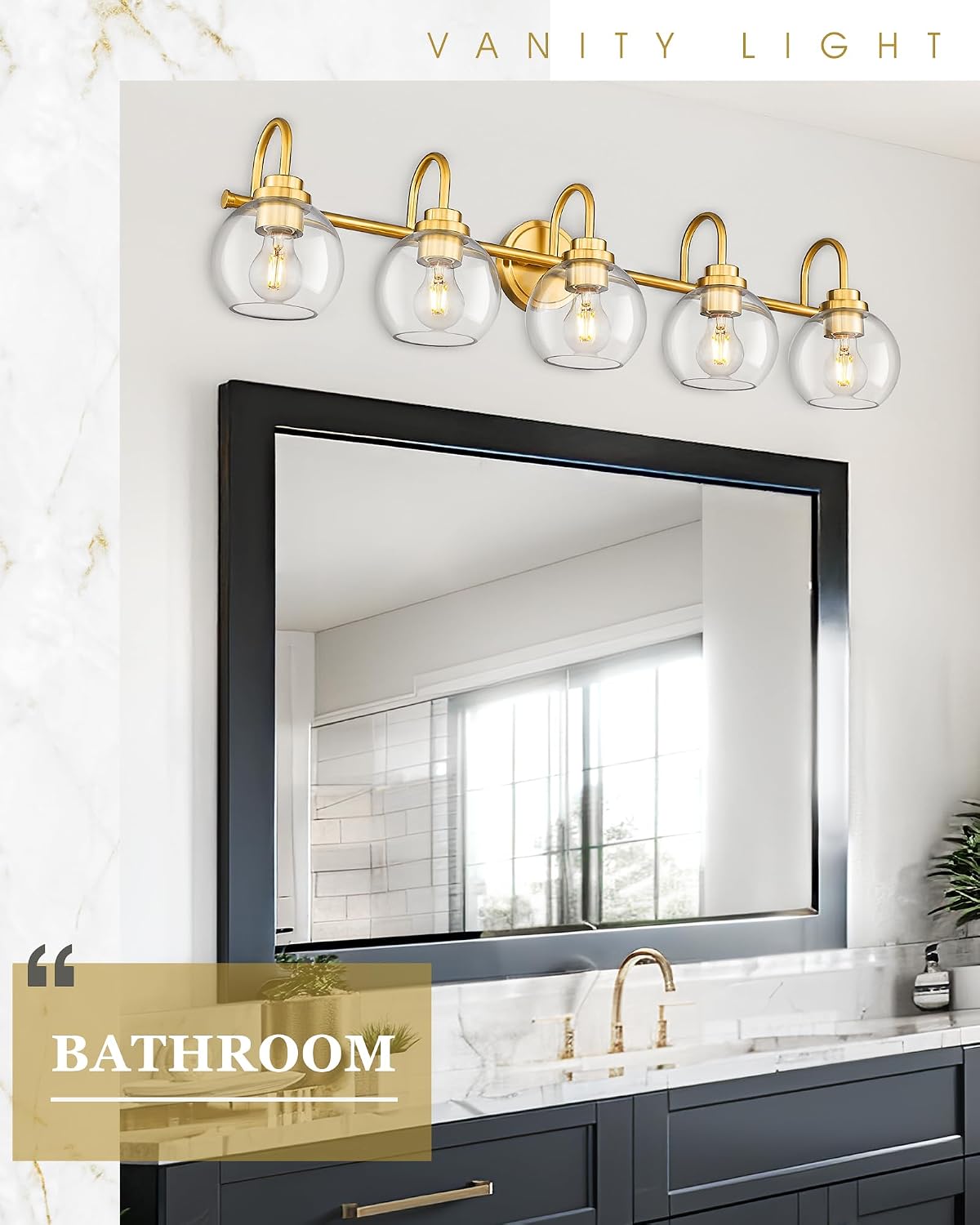 Bathroom Light Fixtures, 5-Light Brushed Gold Vanity Lights with Globe Clear Glass, 35 Inch Champagne Bronze Vanity Lighting Fixtures Over Mirror, AD-22280-5W-GD