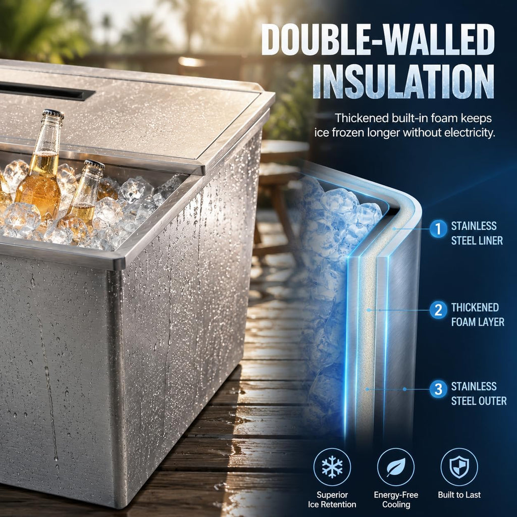 Drop-in Ice Chest, Stainless Steel Ice Cooler, Freestanding Ice Chest Outdoor Kitchen, Double-Walled & Built-in Foa, Foam Cooler With Lid, for Wine, Beer, Whiskey, Beer, Silver (23*17*12 in)