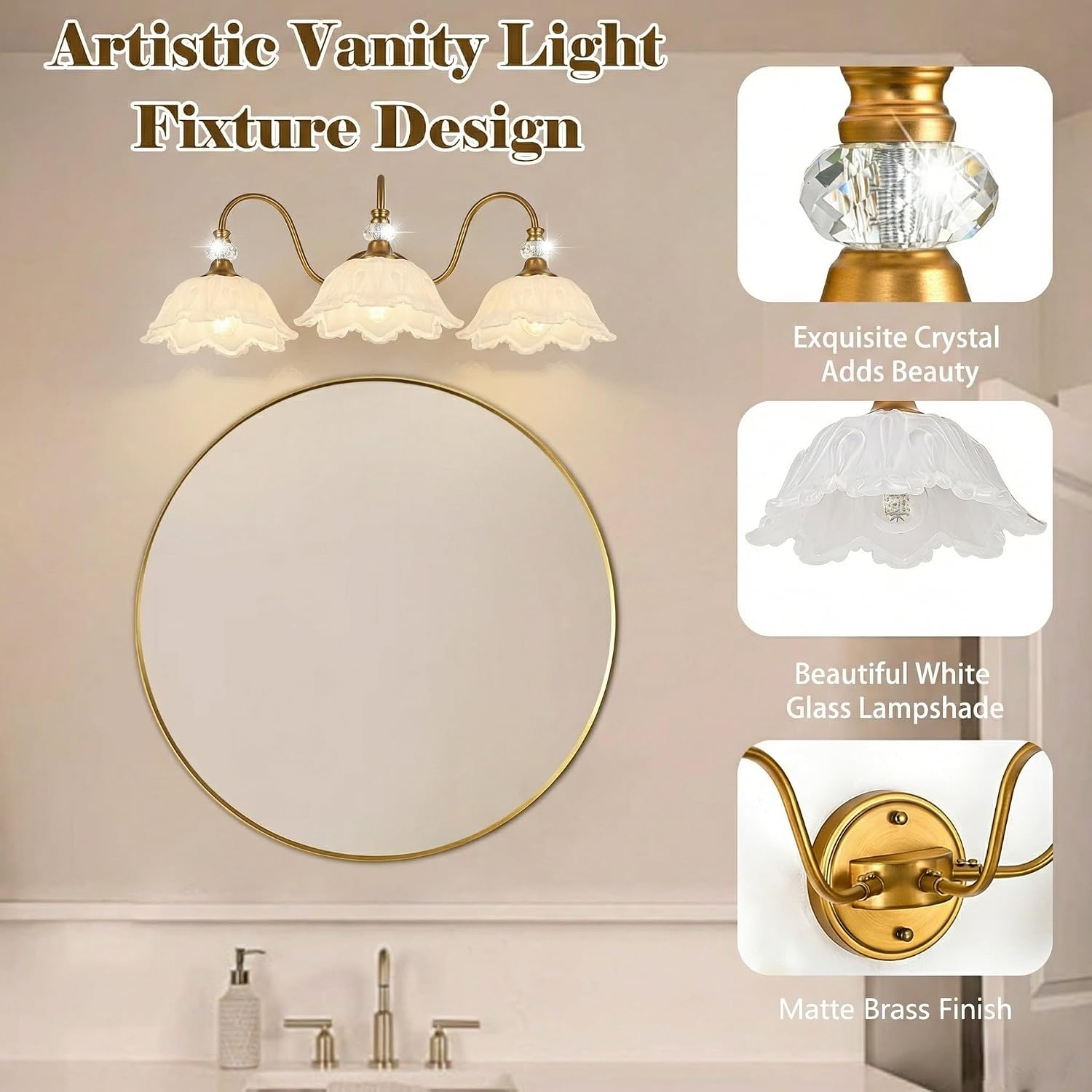 Vintage Bathroom Vanity Light, 3-Light Matte Brass Finish Vanity Light with Floral White Glass Shades, Retro Wall Sconce for Bathroom, Dressing Table