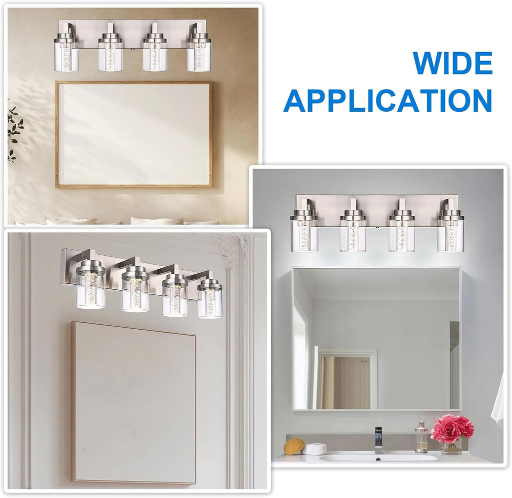 MELUCEE 4-Light Bathroom Lighting Fixtures Brushed Nickel, Dimmable LED Vanity Light for Bathroom 5CCT Bubble Crystal Bath Wall Lights with Clear Glass Shade, Built-in Led Chips