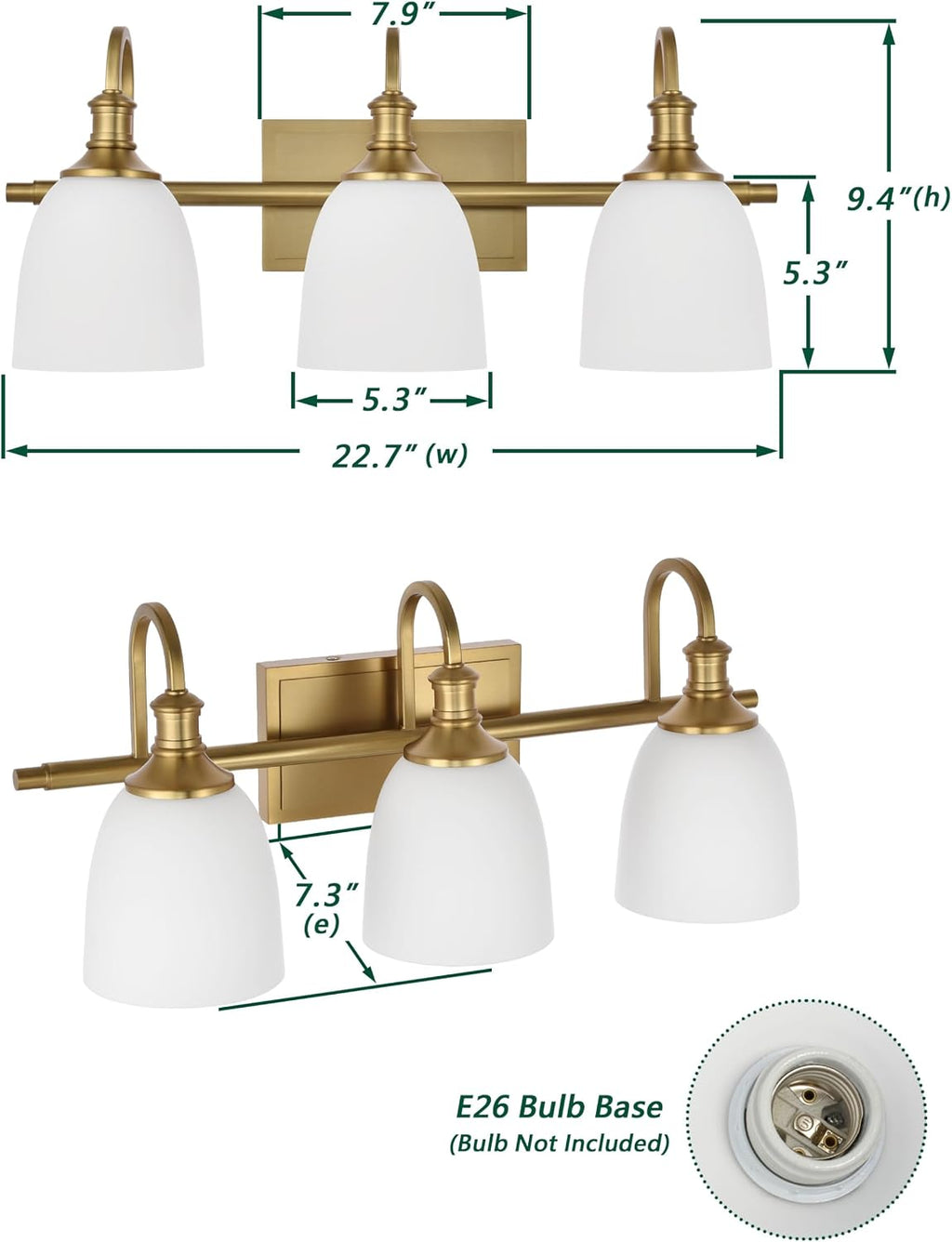 3 Light Aged Brass Vintage Bathroom Vanity Light Fixtures | Vintage, 3-light Bathroom vanity light, living room light, over mirror, over table, gold, aged brass