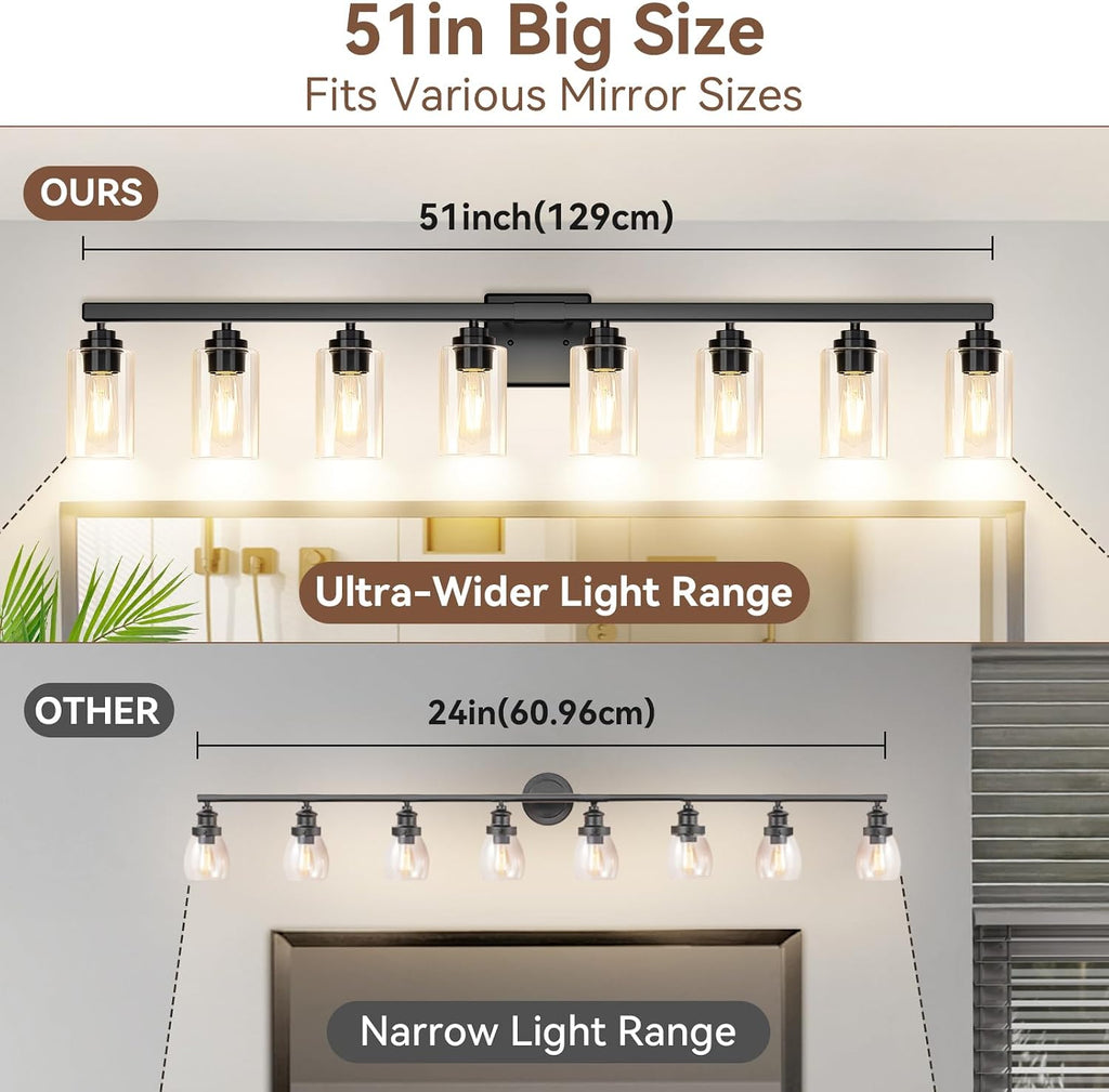 8-Light Bathroom Light Fixtures, 51' Modern Vanity Lights Over Mirror with Clear Glass Shades, Matte Black Light Fixture, Classic Wall Light Fixture for Mirror Living Room Cabinet Bedroom Porch
