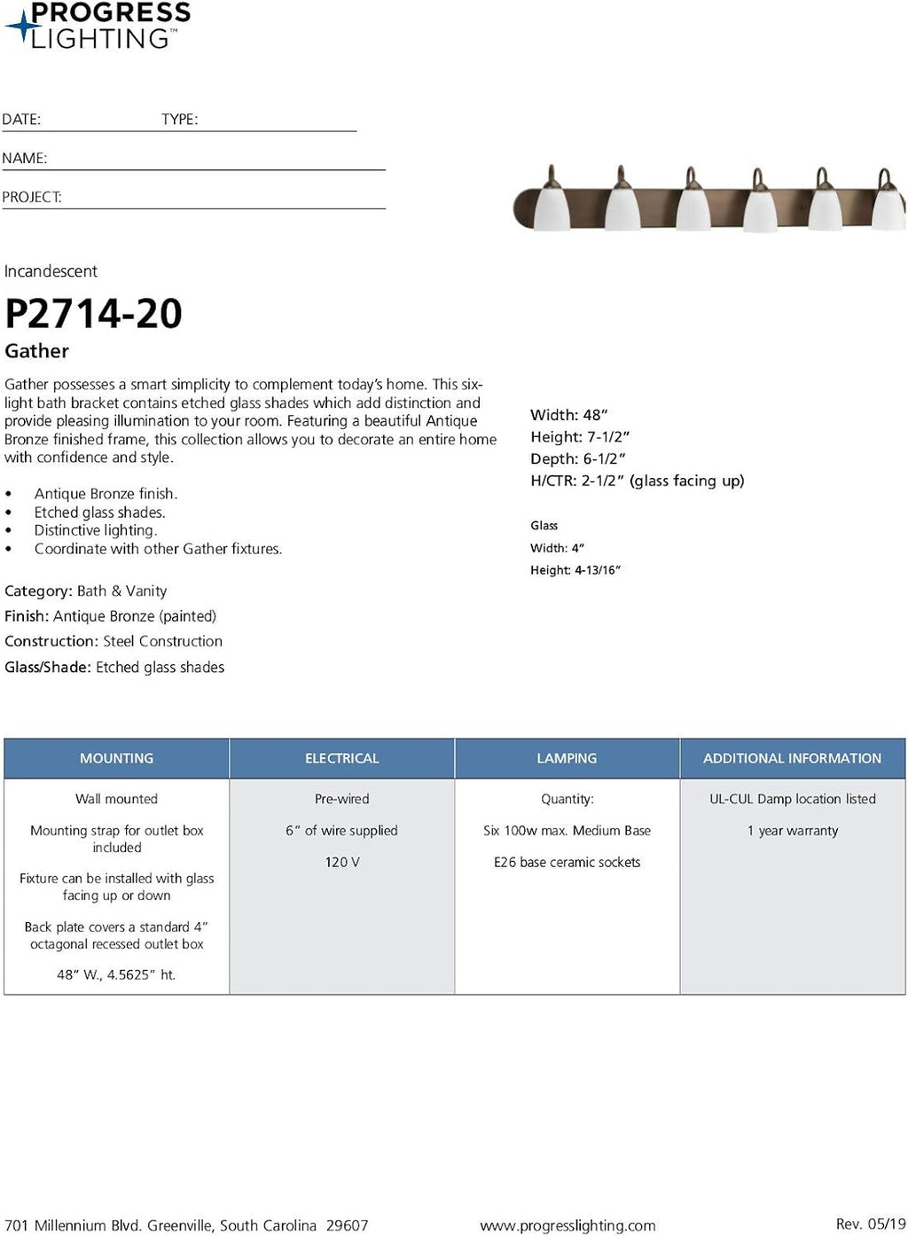 Progress Lighting P2714-20 Gather Collection 6-Light Vanity Fixture, Antique Bronze