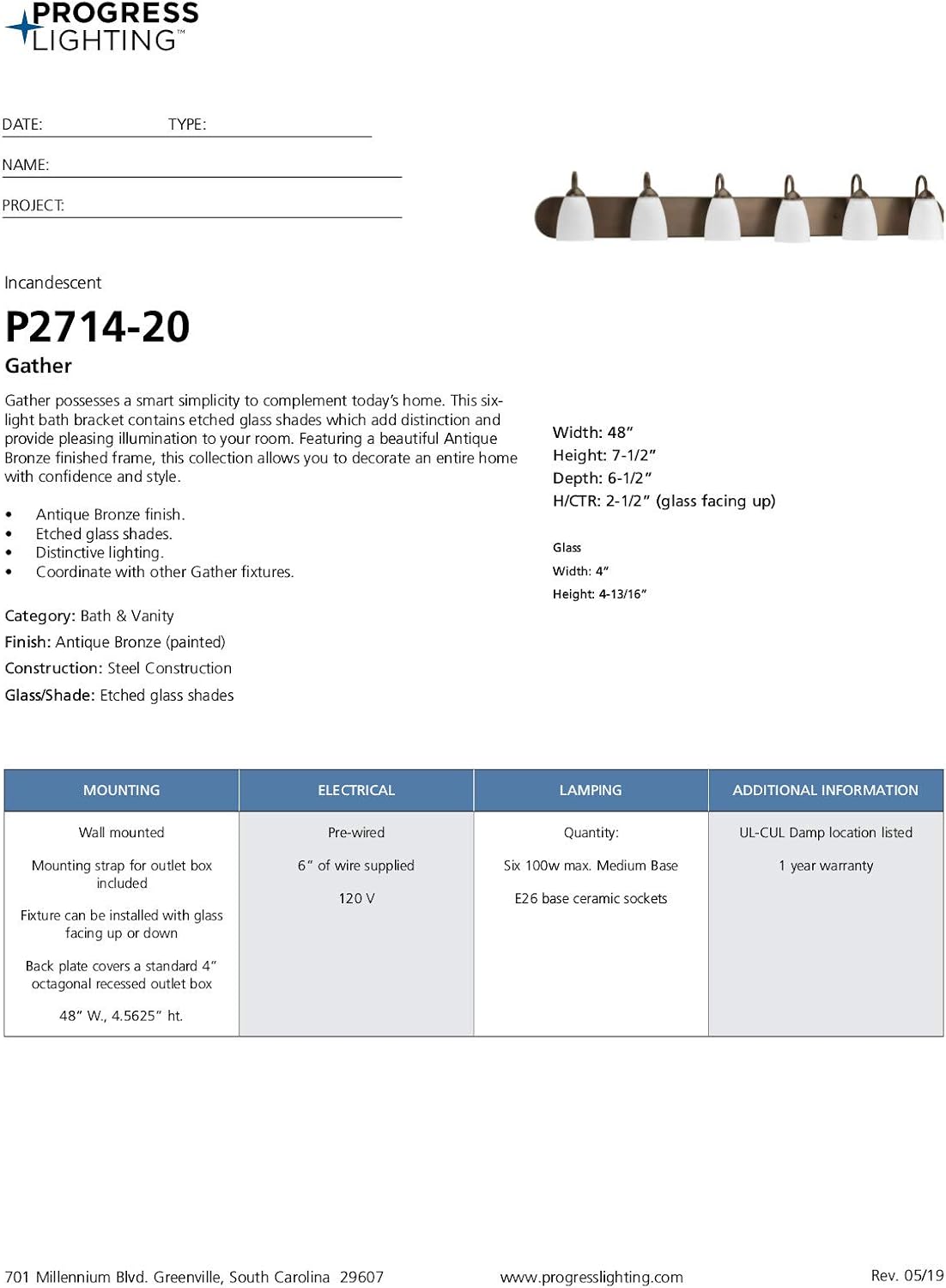 Progress Lighting P2714-20 Gather Collection 6-Light Vanity Fixture, Antique Bronze