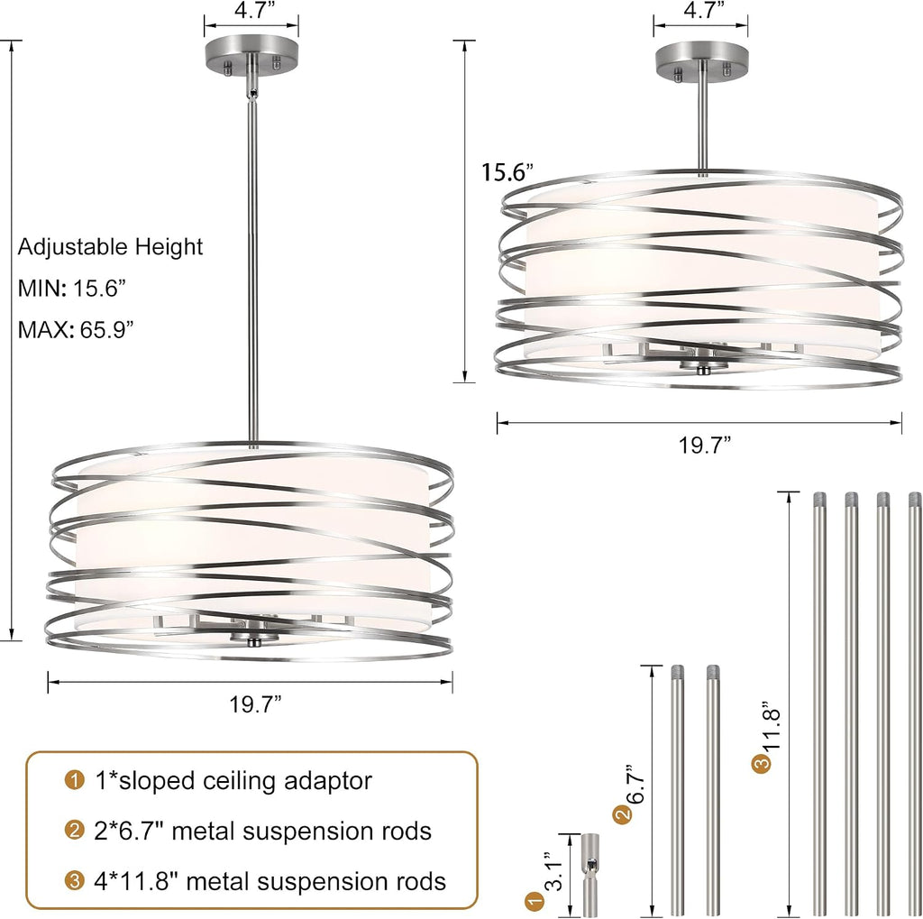 ACNKTZ 19.7'' Brushed Nickel Drum Chandeliers for Dining Room, 5-Lights Kitchen Chandeliers Over Table, Entryway Light Fixture Hanging, Industrial Round Chandelier for Living Room Stairwell Bedroom