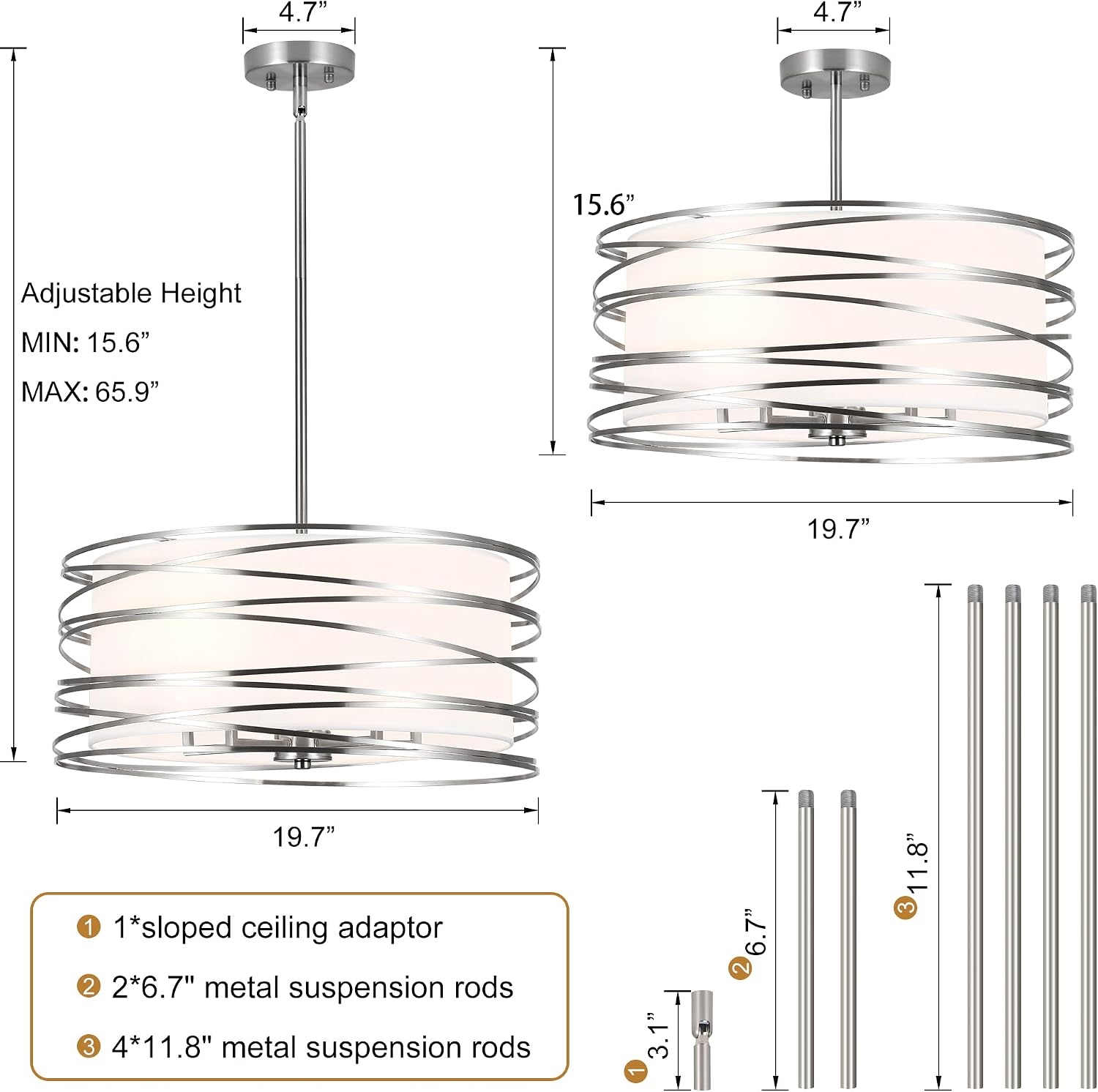 ACNKTZ 19.7'' Brushed Nickel Drum Chandeliers for Dining Room, 5-Lights Kitchen Chandeliers Over Table, Entryway Light Fixture Hanging, Industrial Round Chandelier for Living Room Stairwell Bedroom