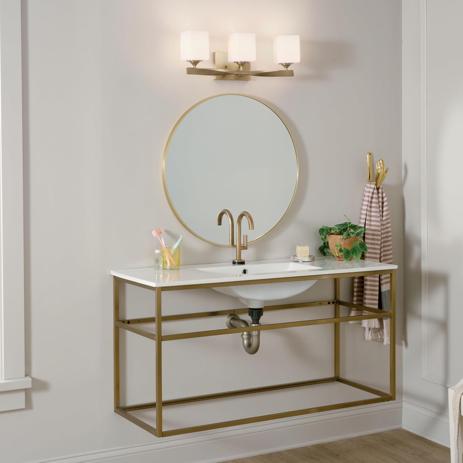 Kichler Marette 23' 3-Light Bathroom Vanity Light Fixture with Satin Etched Cased Opal Glass in Champagne Bronze for Bathroom and Powder Room (23' x 8.25' x 6'), 55002CPZ