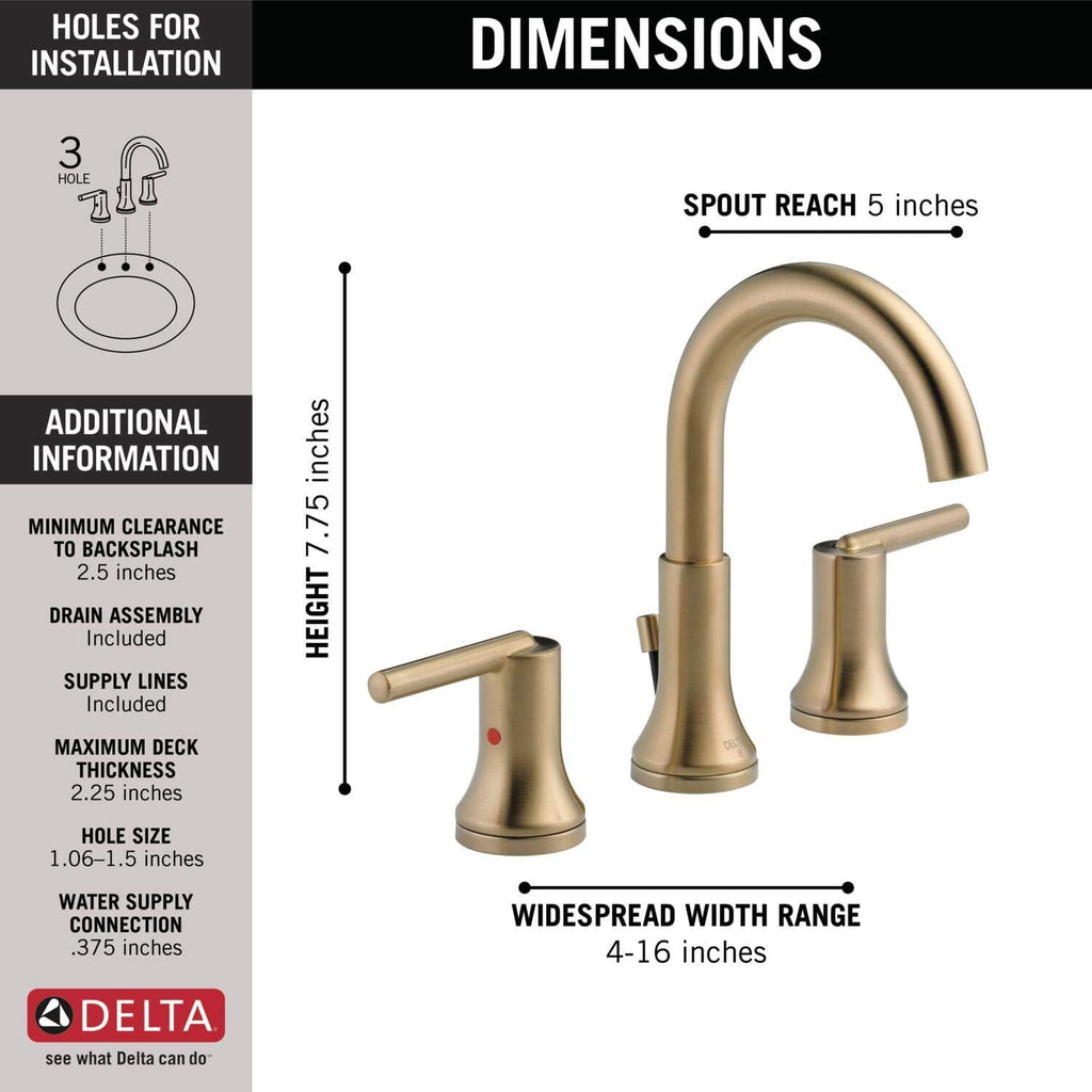 Delta Trinsic Brushed Gold Bathroom Faucet 3 Hole, 8 Inch Widespread Bathroom Sink Faucet for Vanity, Metal Push-Pop Drain Assembly, Champagne Bronze 3559-CZMPU-DST