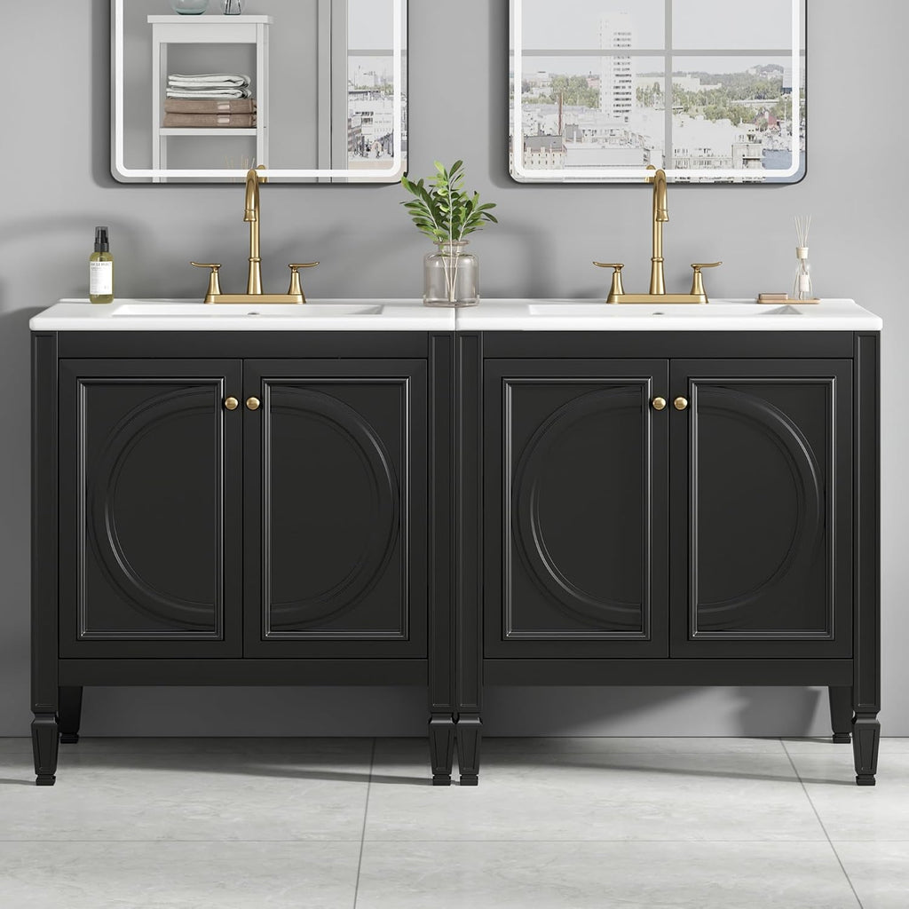 60 Inch Black Bathroom Vanity with Double Sink,Vintage Bathroom Double Vanity with Adjustable Shelves,Soft Closing Doors with Organizers,Hidden Sliding Tray,Solid Rubber Wood Frame(2 * 30 Inch)