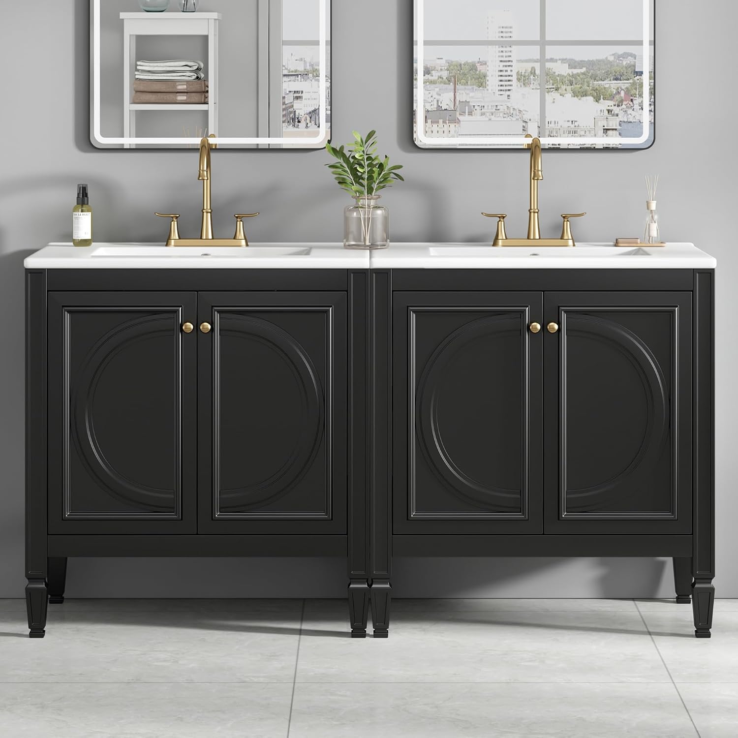 60 Inch Black Bathroom Vanity with Double Sink,Vintage Bathroom Double Vanity with Adjustable Shelves,Soft Closing Doors with Organizers,Hidden Sliding Tray,Solid Rubber Wood Frame(2 * 30 Inch)
