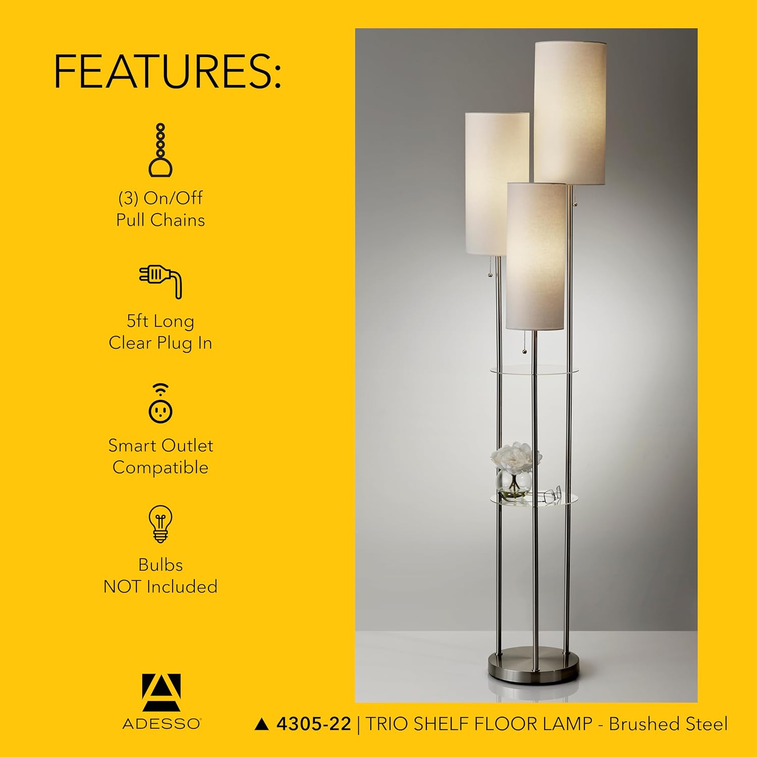 Adesso Trio Floor Lamp with Three Pull Chain Lights and Two-Tier Storage, Brushed Steel Base, White Linen Shades, 68' Tall, Enhances Room Decor and Lighting
