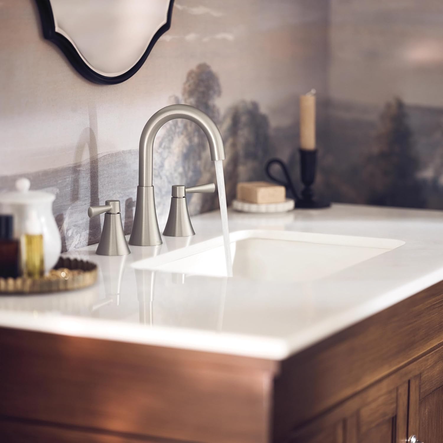 Moen 84023SRN Ronan 2-Handle Widespread Bathroom Faucet, BN | Bathroom sink faucet, widespread 2-handle design, valve included, spot resist finish, modern style