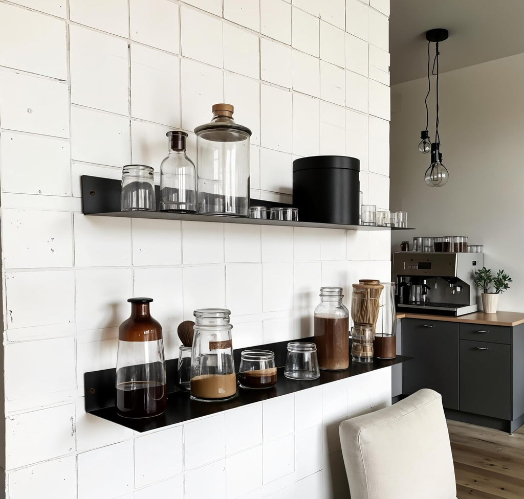 Linear Floating Shelf, Raw Blackened Steel, Made in USA, Heavy Duty Metal Wall Mount, Rustic & Modern Farmhouse Design (48'x8' Powder Coated Matte Black)
