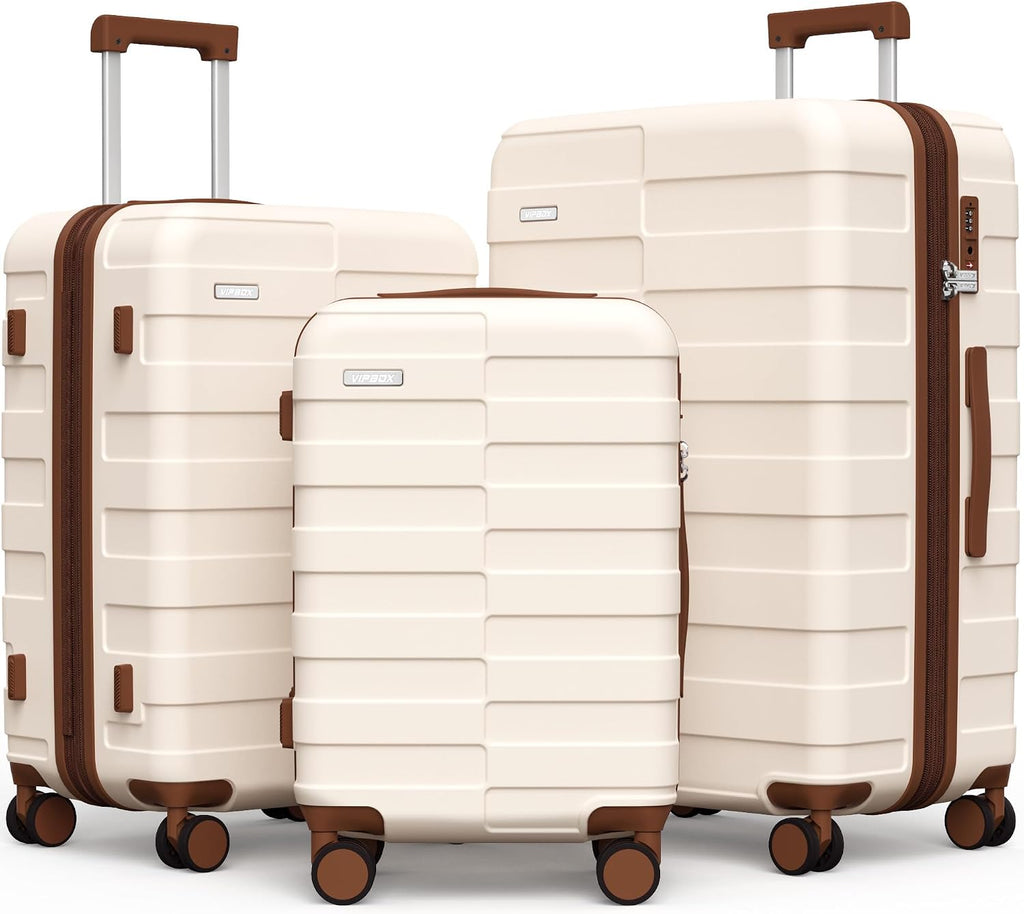 Vipbox Luggage Sets 3 Piece (3-YEARS VIP SERVICE) Hardside Expandable Ultra Durable 100% PC Lightweight Carry On Travel Suitcase Set with TSA Lock Spinner Wheels, White Brown