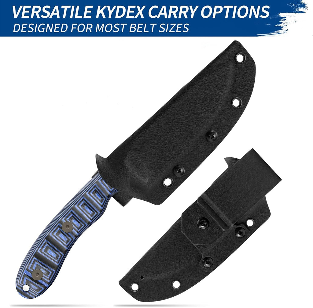FINTISO Nazar Fixed Blade Knife with Kydex Sheath, 4.24' 14C28N Blade Blue & Black G10 Handles, Titanium-coated, Full Tang Design, Lanyard, for Men Outdoor Activities, Camping, Hiking, EDC Carry.