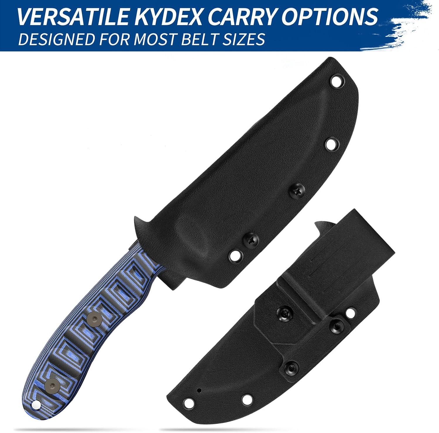 FINTISO Nazar Fixed Blade Knife with Kydex Sheath, 4.24' 14C28N Blade Blue & Black G10 Handles, Titanium-coated, Full Tang Design, Lanyard, for Men Outdoor Activities, Camping, Hiking, EDC Carry.