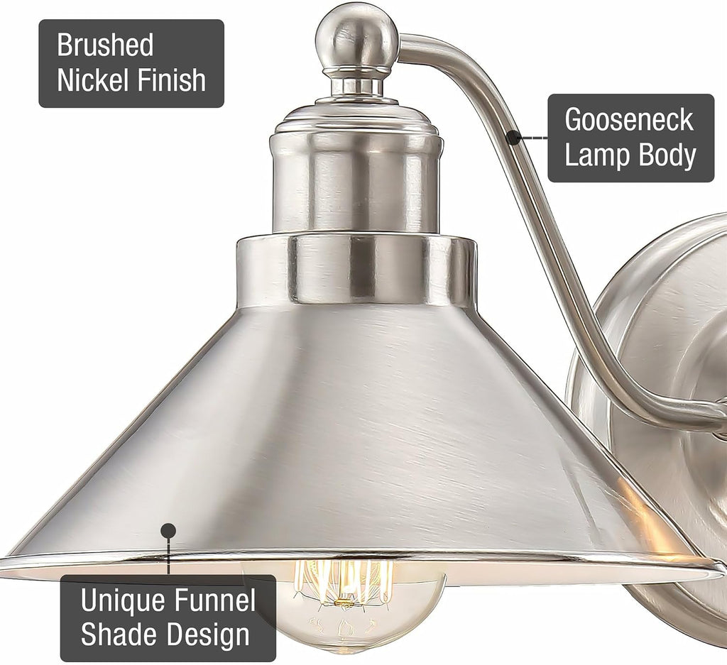 Kira Home Welton 25.5' 3-Light Modern Farmhouse Vanity Light with Funnel Shades, Industrial Silver Wall Sconce Bathroom Light, Brushed Nickel Finish